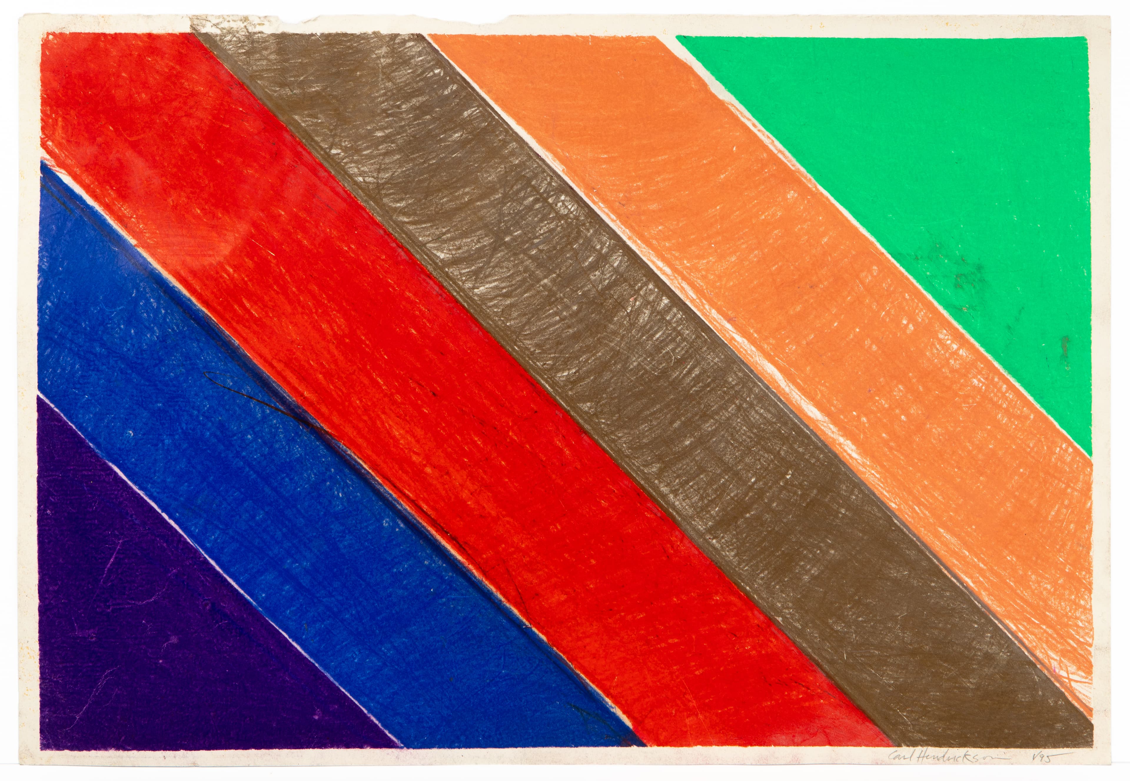 Abstract painting with diagonal colored stripes in purple, blue, red, brown, orange, and green on white background