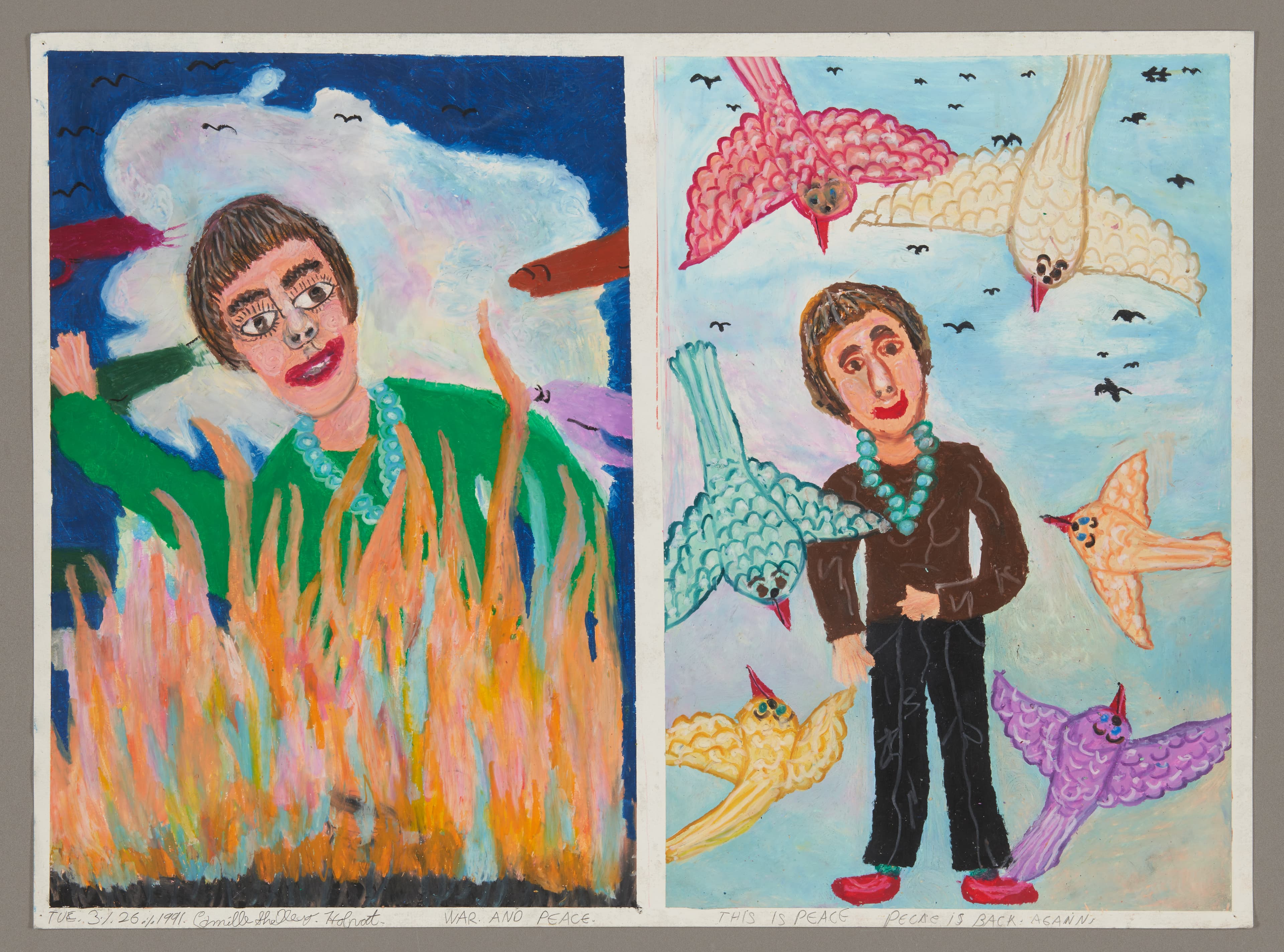 Two oil pastel drawings side by side showing contrasting scenes of war and peace with a central figure