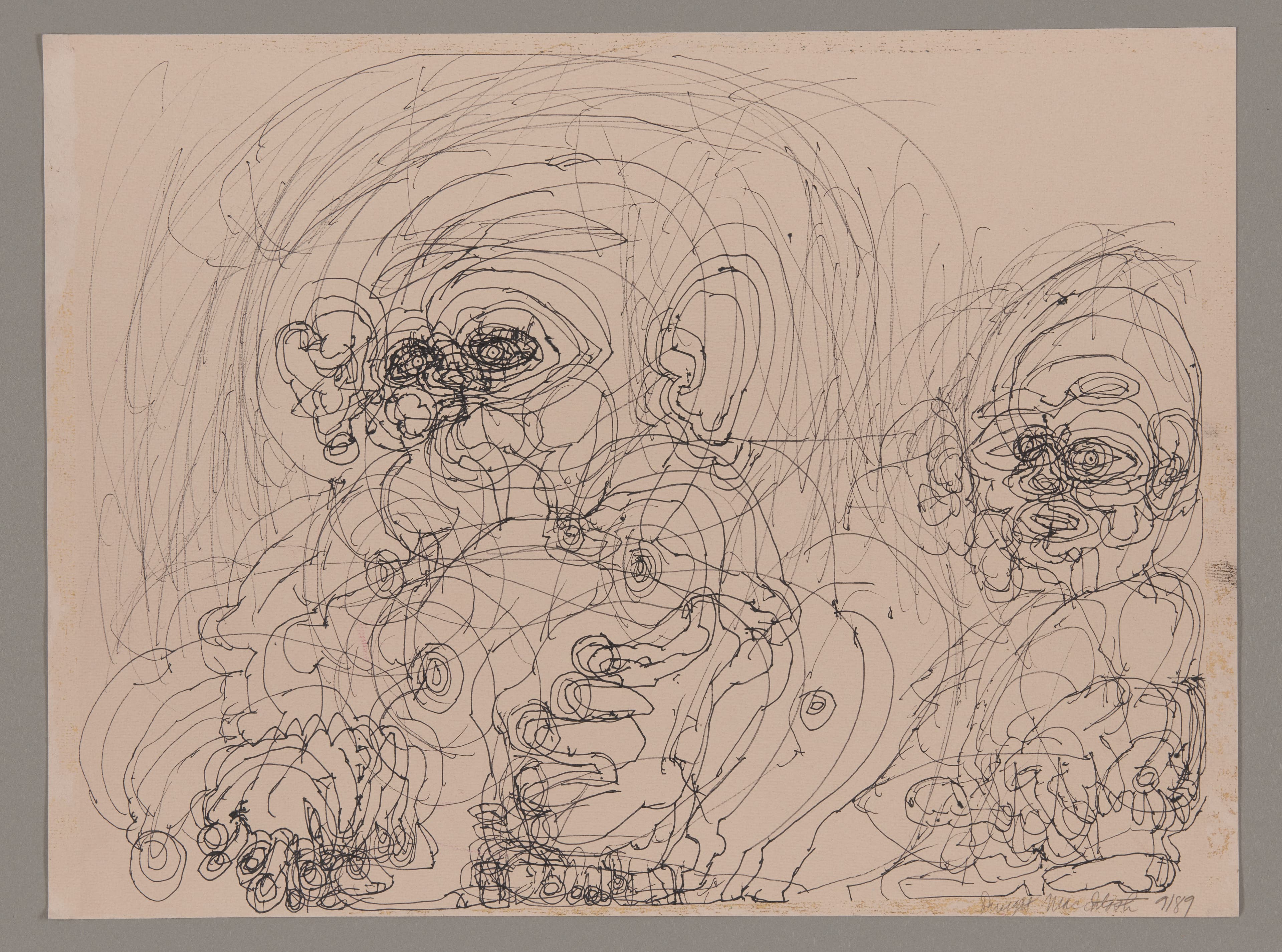 Ink drawing on pink paper showing multiple overlapping portrait faces rendered in continuous swirling line work