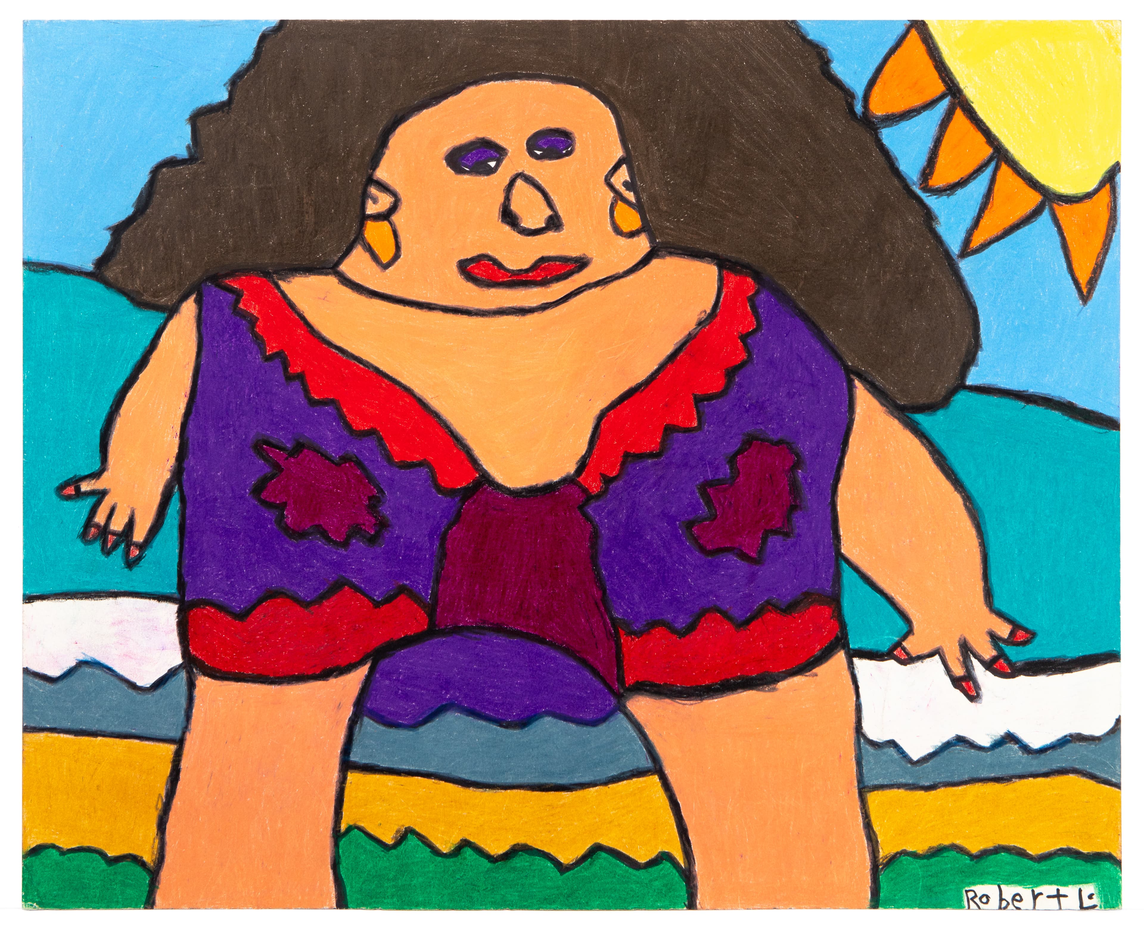 Colorful ink and pastel drawing of a figure with dark hair wearing a purple top with red trim in a landscape setting