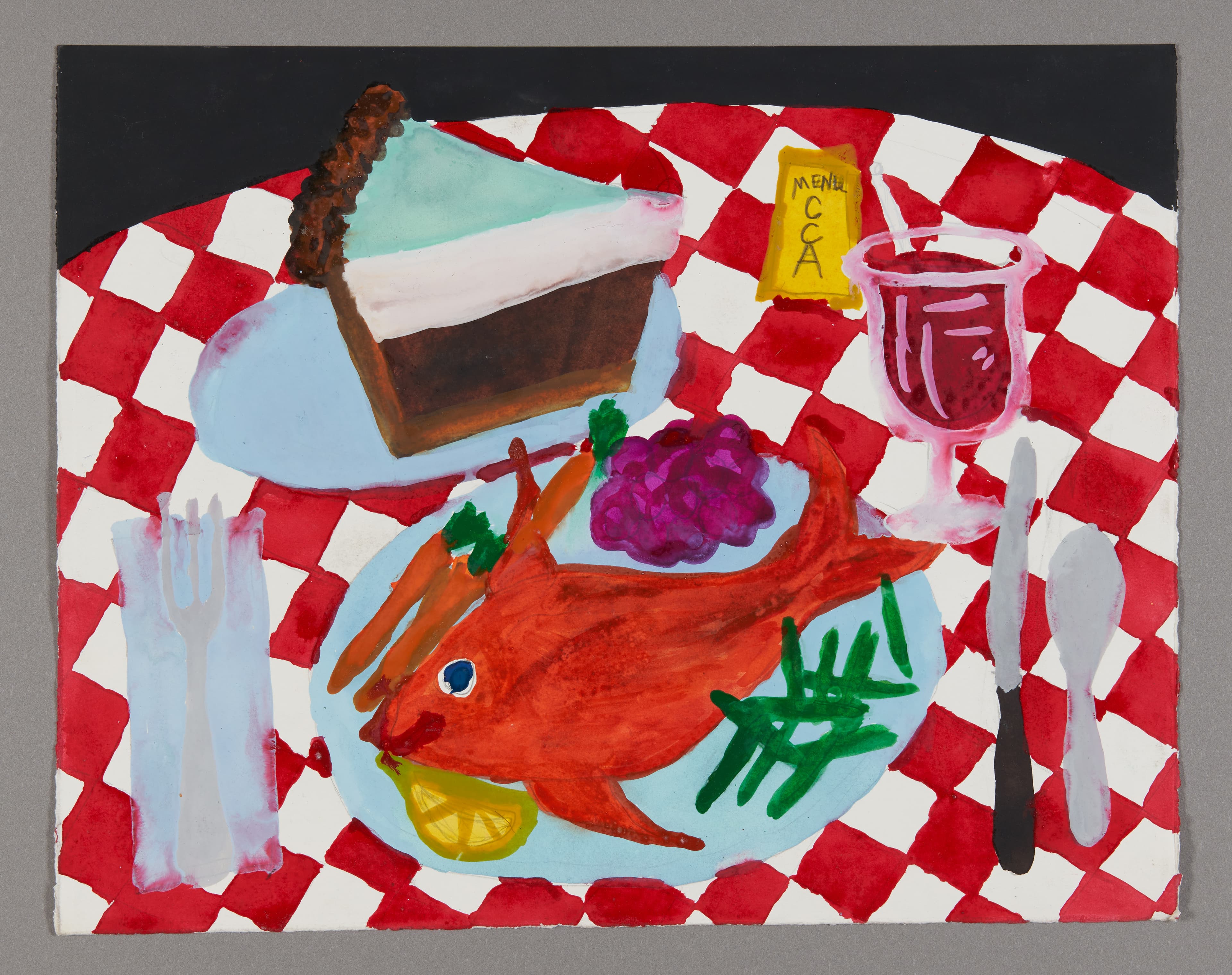 Watercolor painting of a dinner table setting with red lobster, bread, wine glass on red and white checkered tablecloth