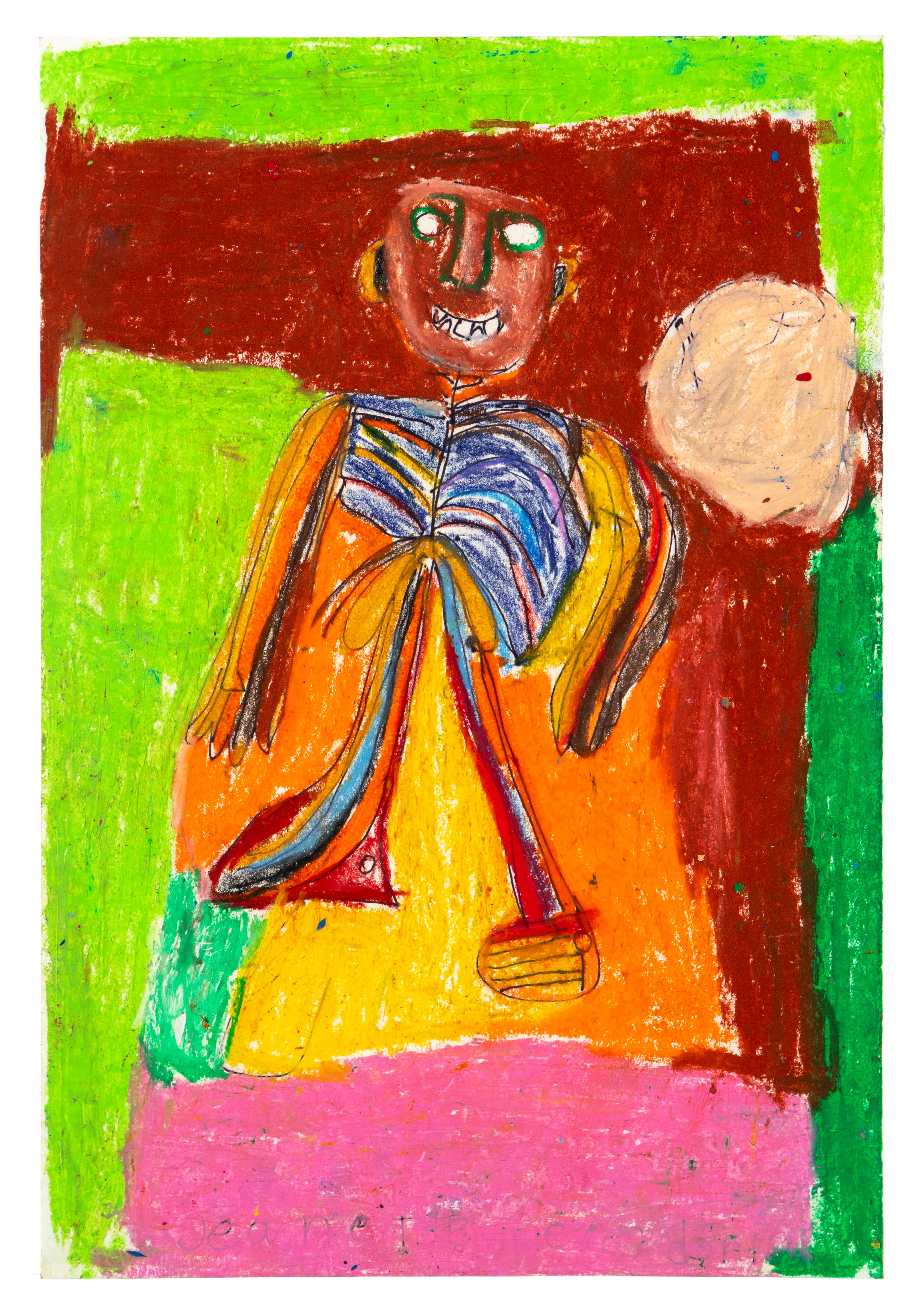 Colorful figure drawing in ink and watercolor pencil showing a person with red hair in orange robes holding a circular object