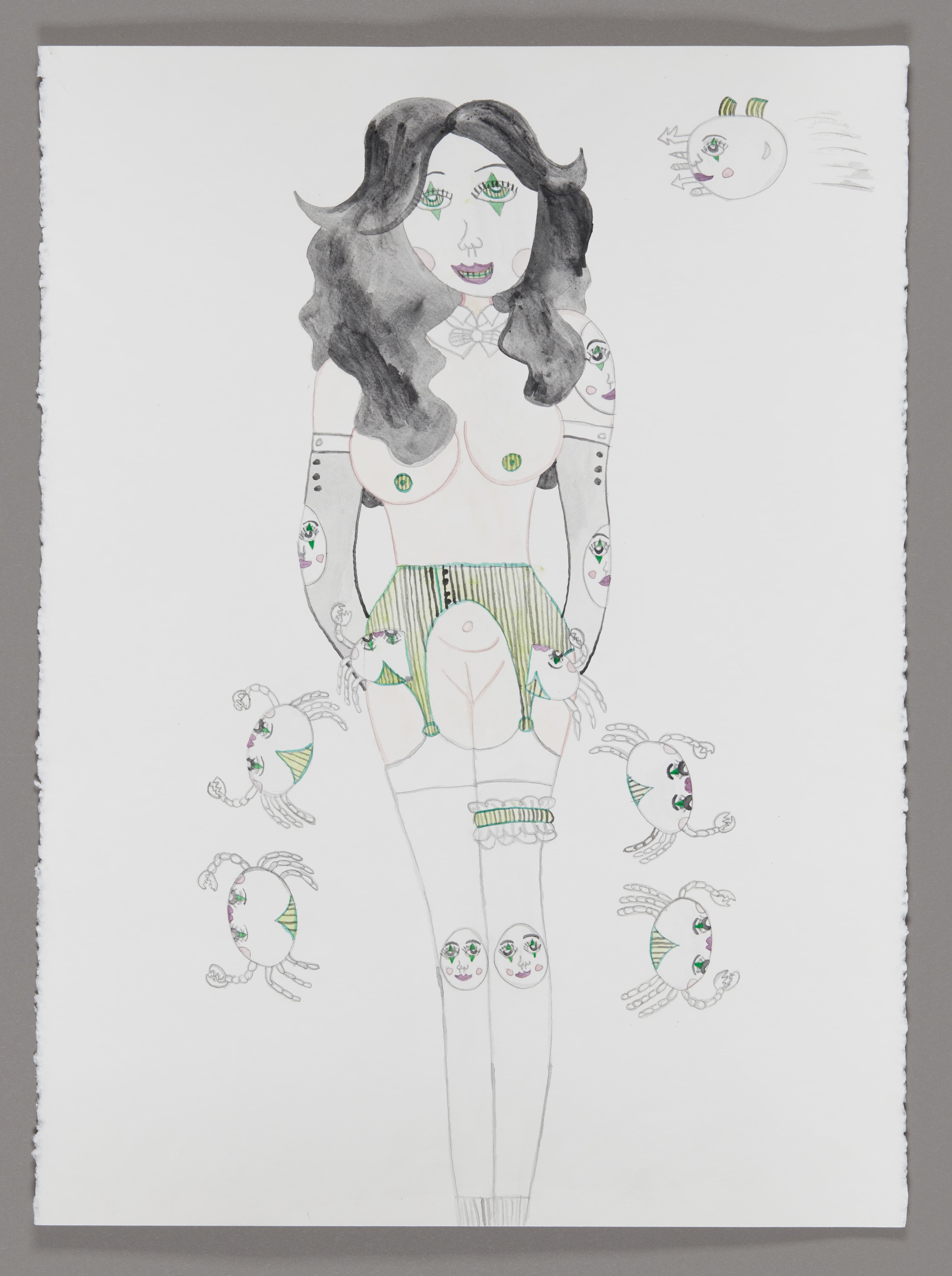 Mixed media drawing of a figure with dark flowing hair surrounded by floating face-like creatures, graphite and watercolor