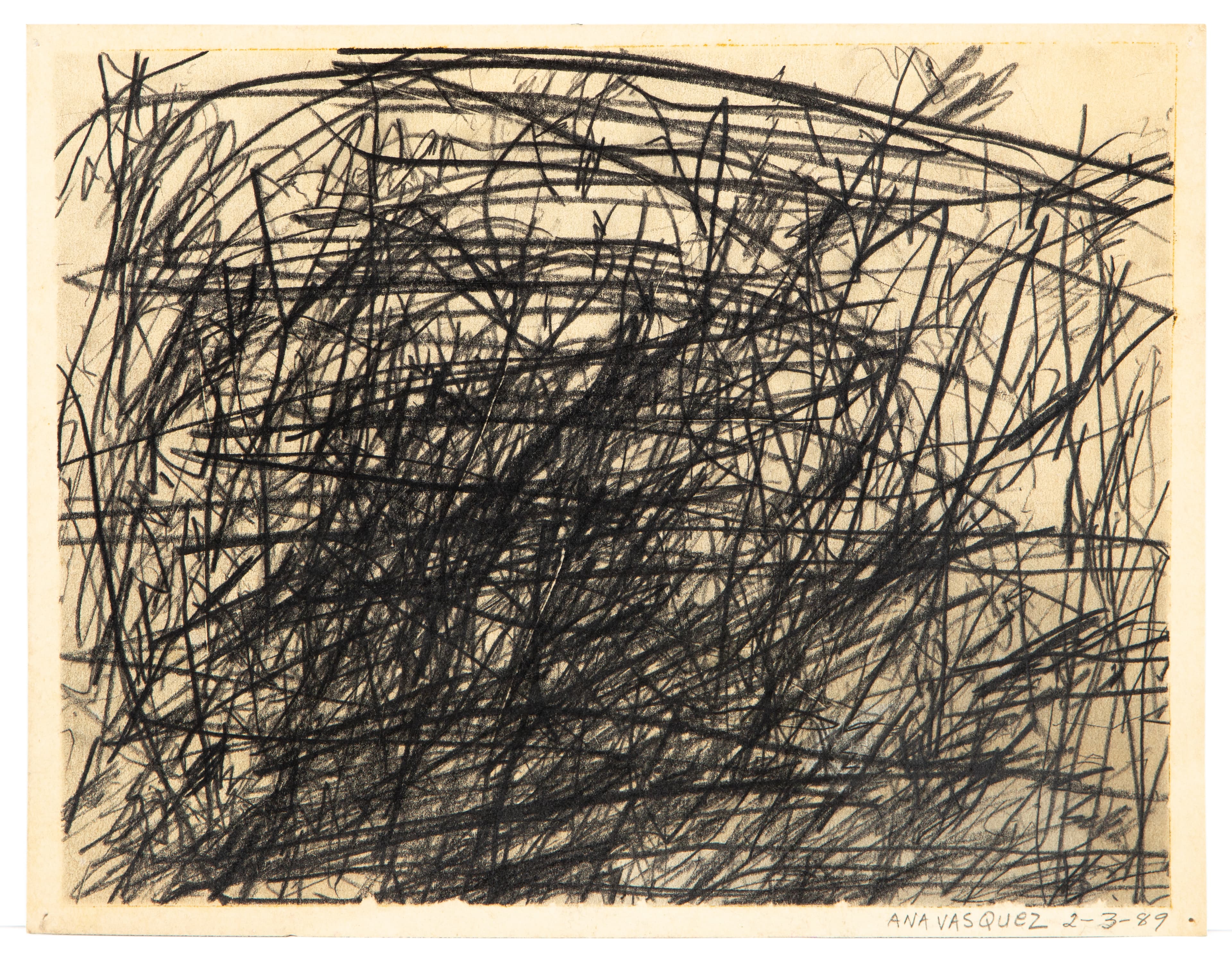 Abstract drawing with dense black scribbled lines creating circular and oval forms on cream paper