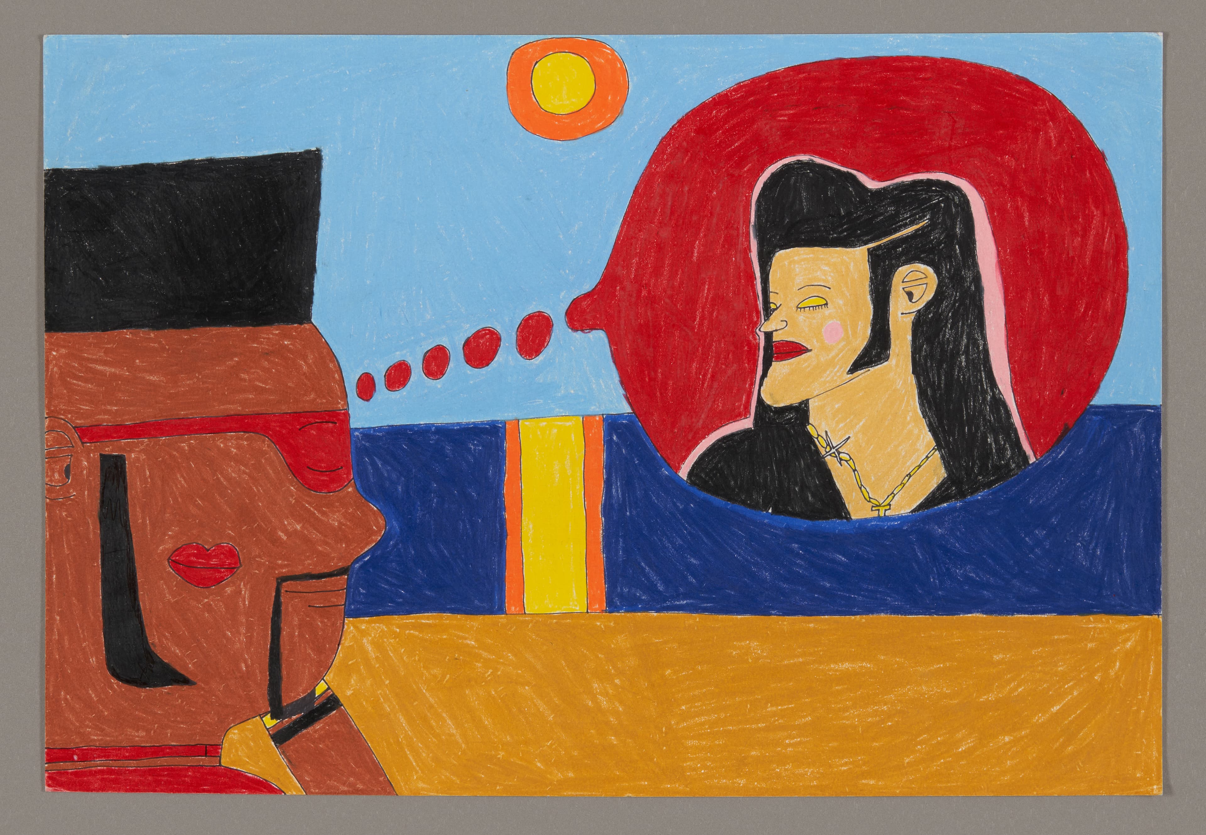 Drawing showing two profile figures, one smoking a pipe, the other in a red speech bubble, done in colored pencil and ink