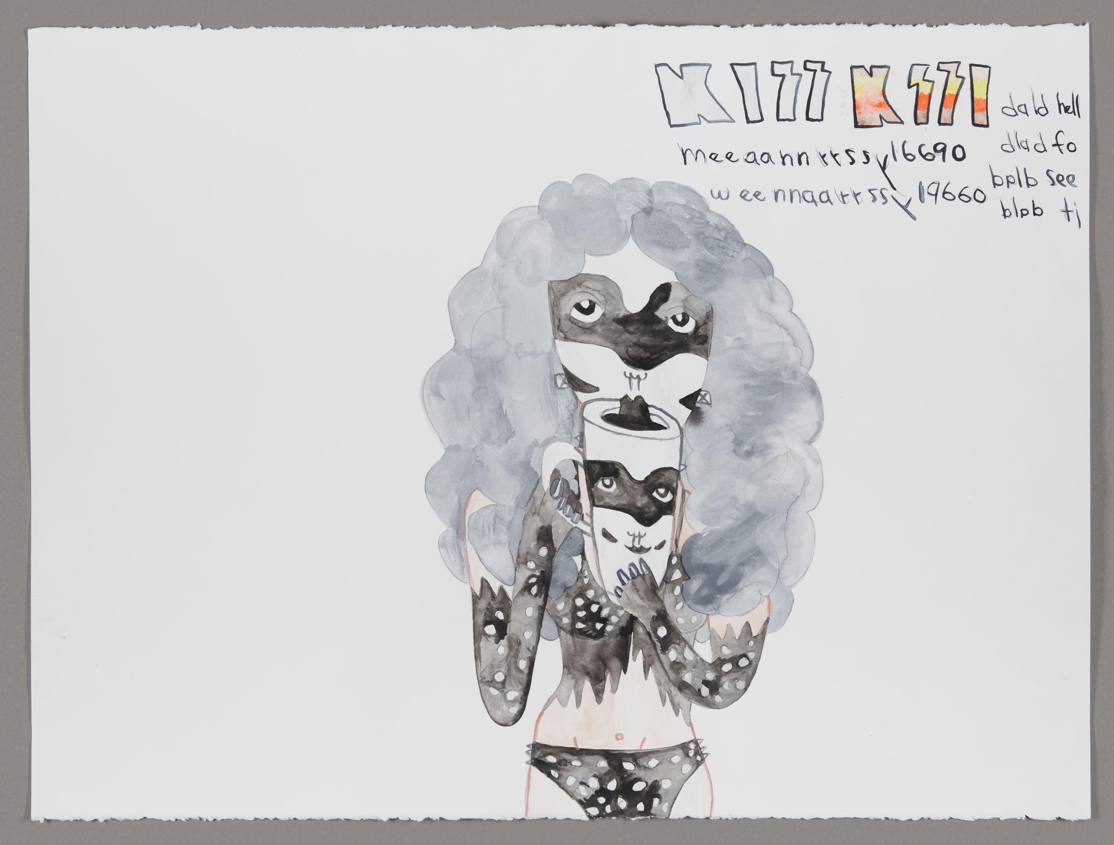 Mixed media drawing of figure with voluminous gray hair wearing black eye mask and polka dot clothing on white paper