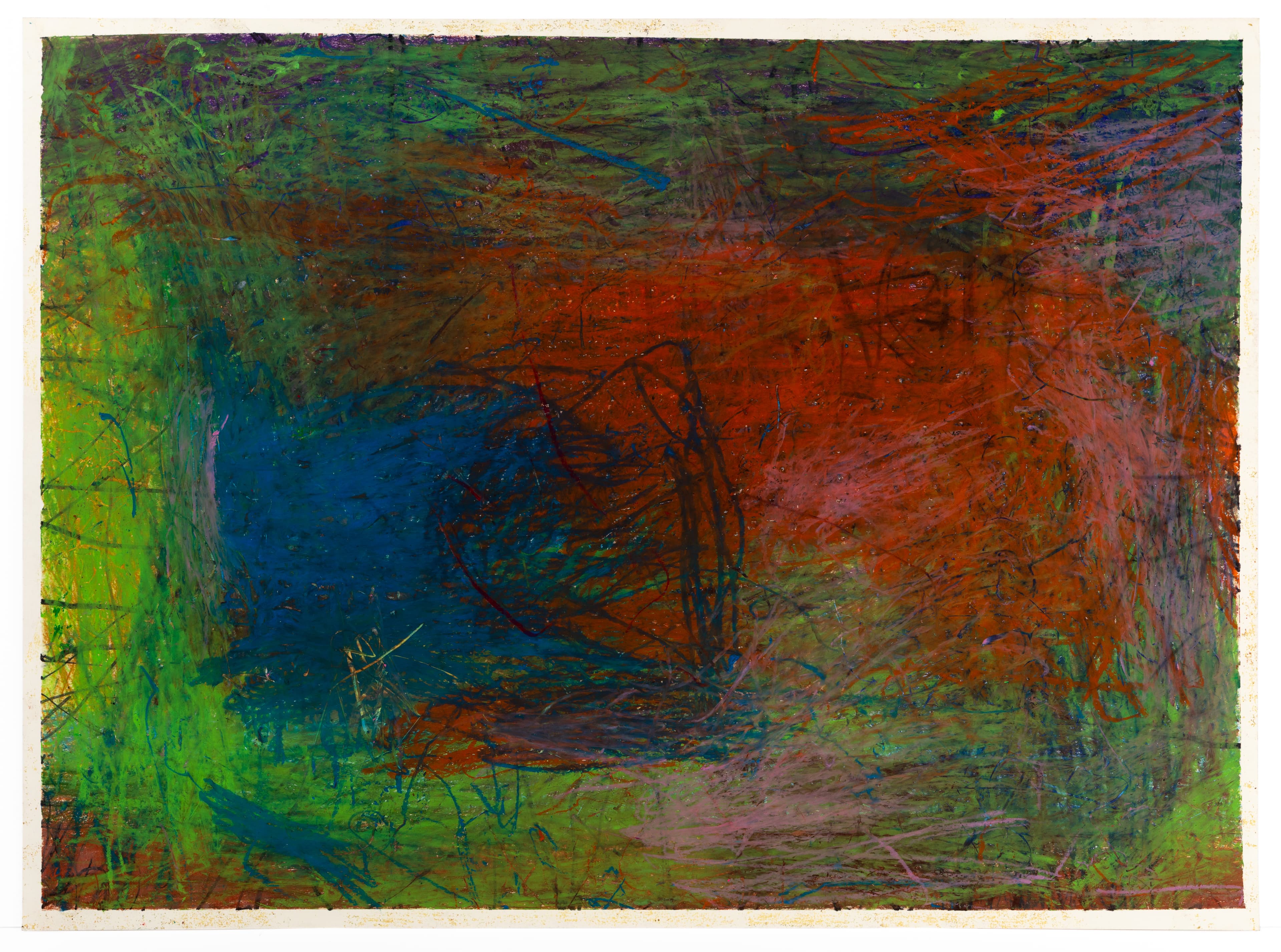 Abstract drawing with vibrant layered colors and energetic scribbled lines in mixed media
