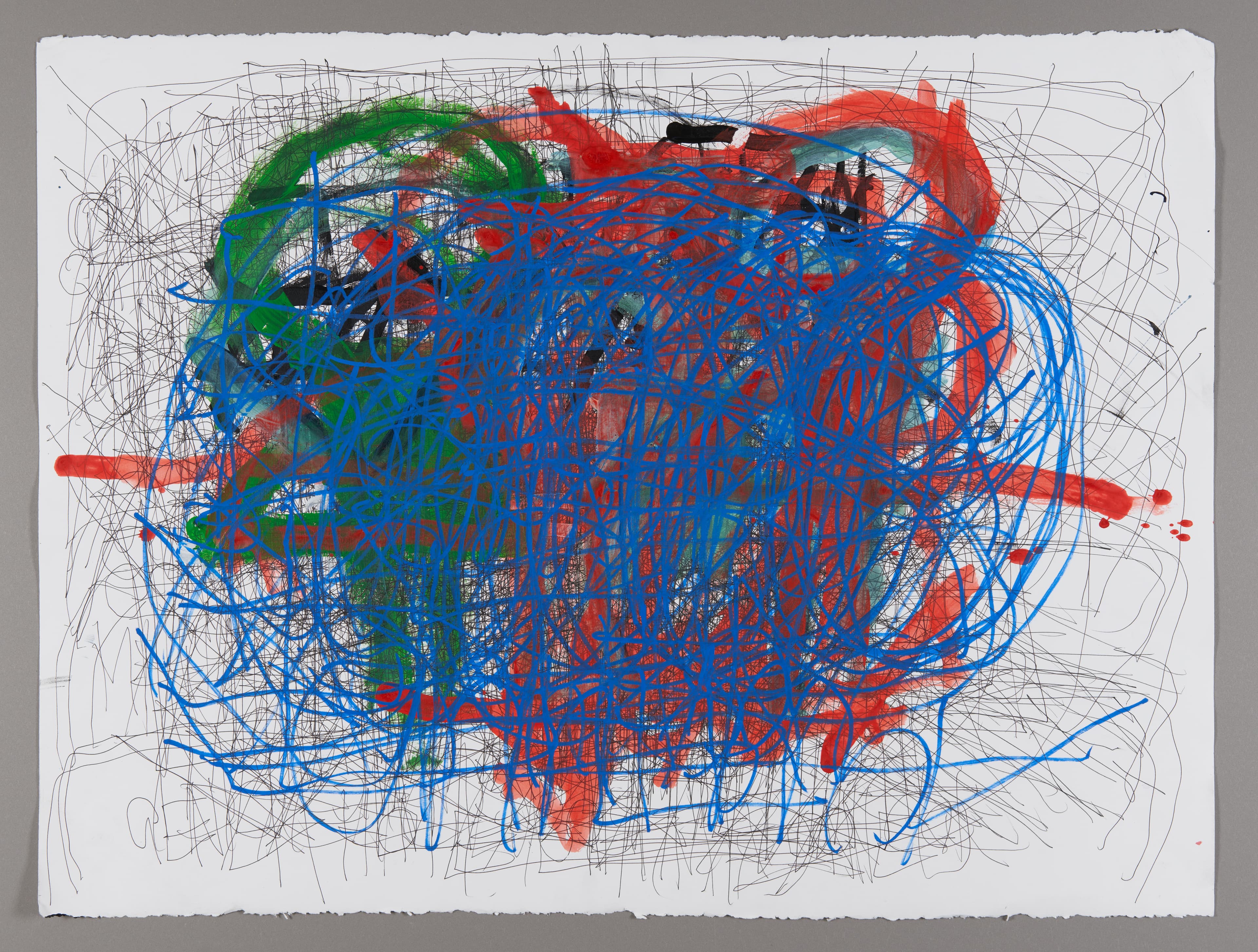 Abstract drawing with energetic scribbles in blue, red, and green paint on white paper