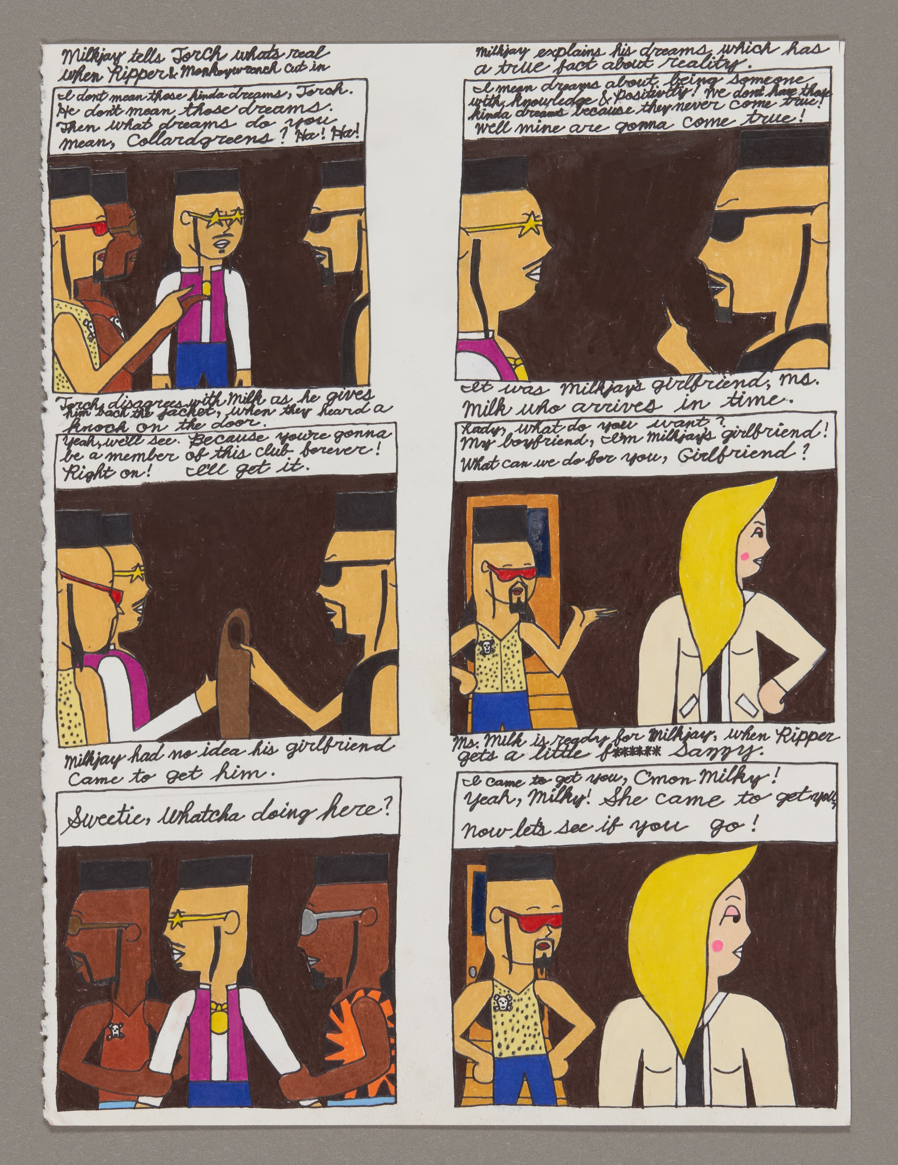 Comic strip artwork with 6 panels showing cartoon characters in conversation, drawn with color stix and ink on paper