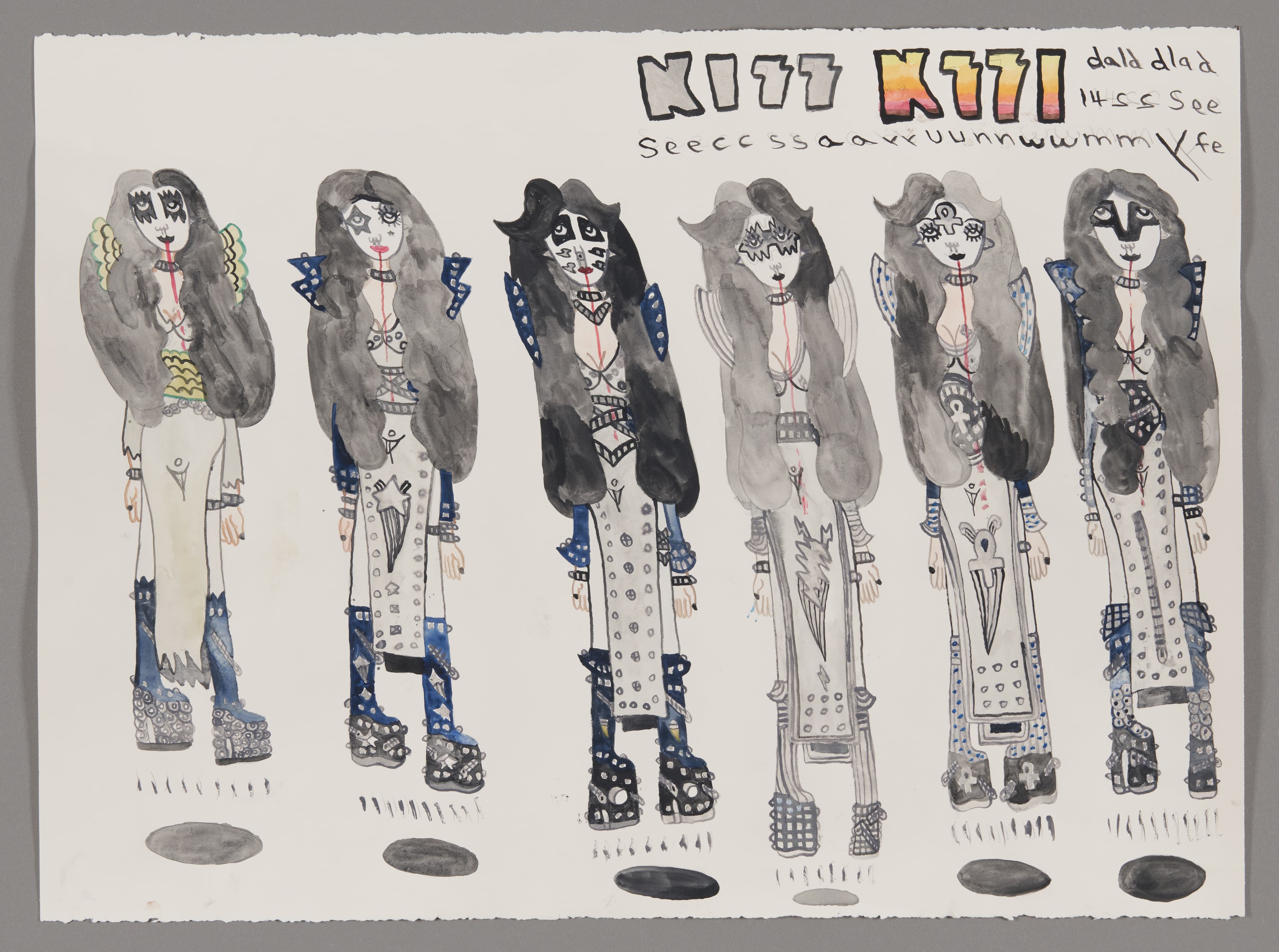Drawing of six KISS band members in stage makeup and costumes, rendered in graphite, ink and watercolor on paper
