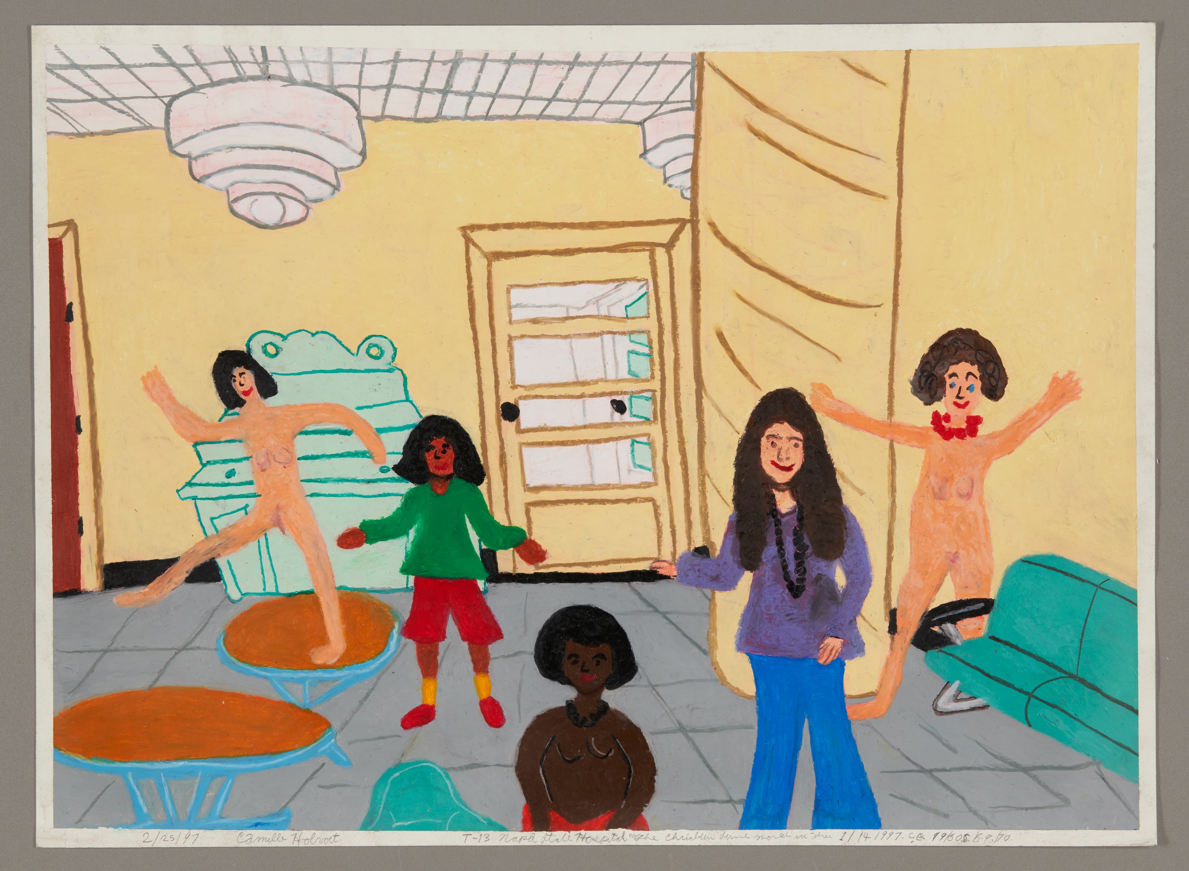 Oil pastel drawing of interior room with multiple figures, including children and adults in colorful clothing