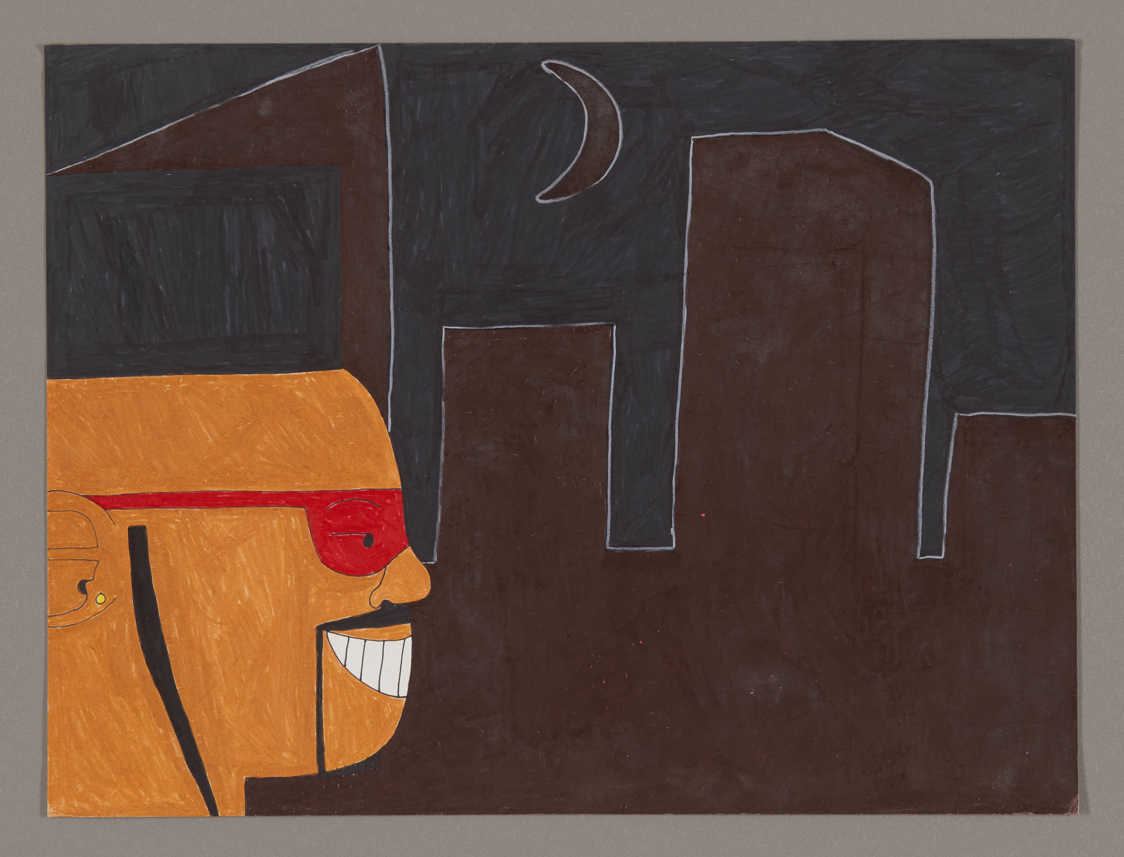 Mixed media drawing with orange profile figure showing teeth against dark cityscape with crescent moon