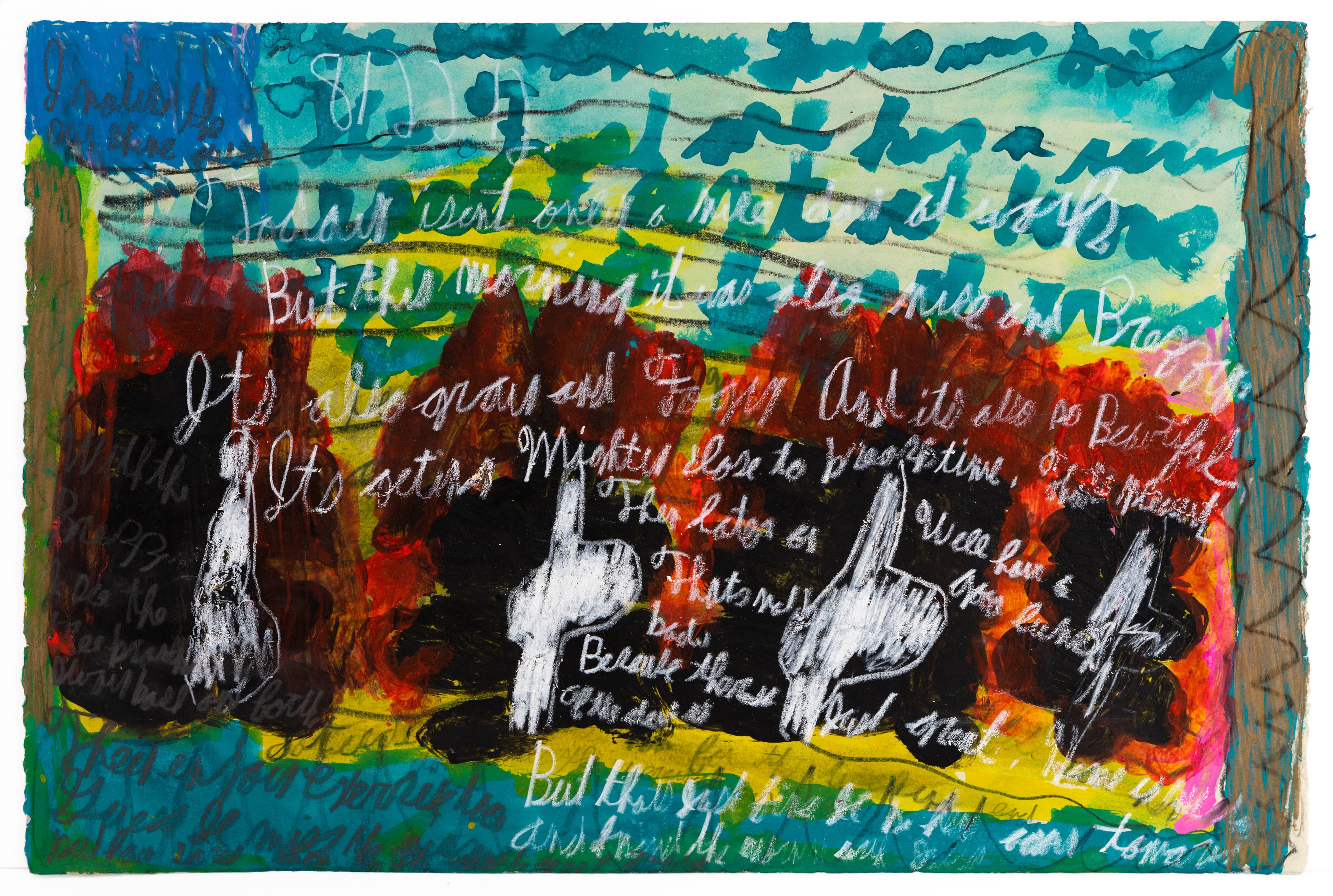 Mixed media artwork with white text overlaid on colorful abstract background in blues, greens, reds, and yellows