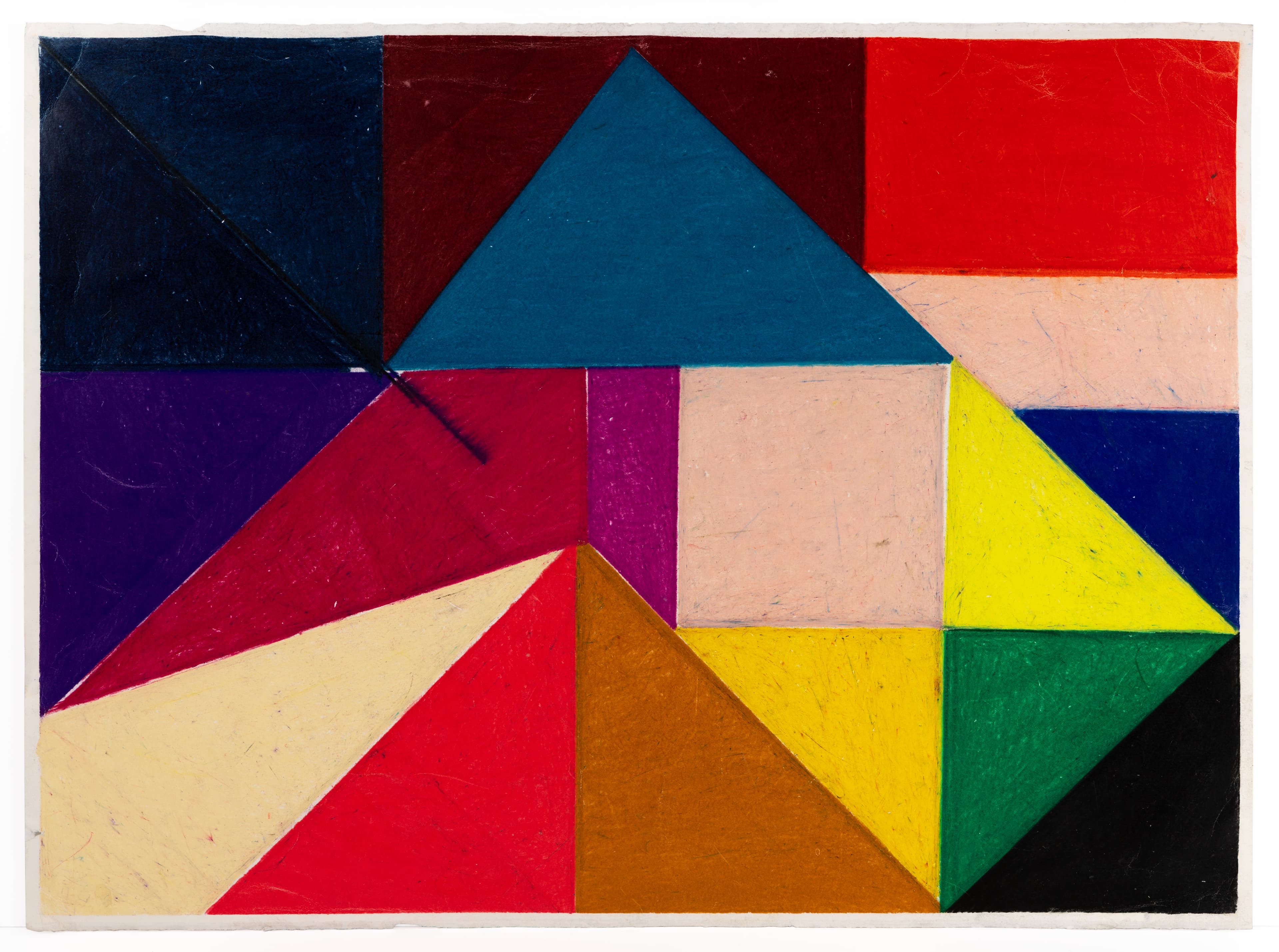 Abstract geometric painting with colorful triangular and rectangular shapes in red, blue, yellow, green, and purple