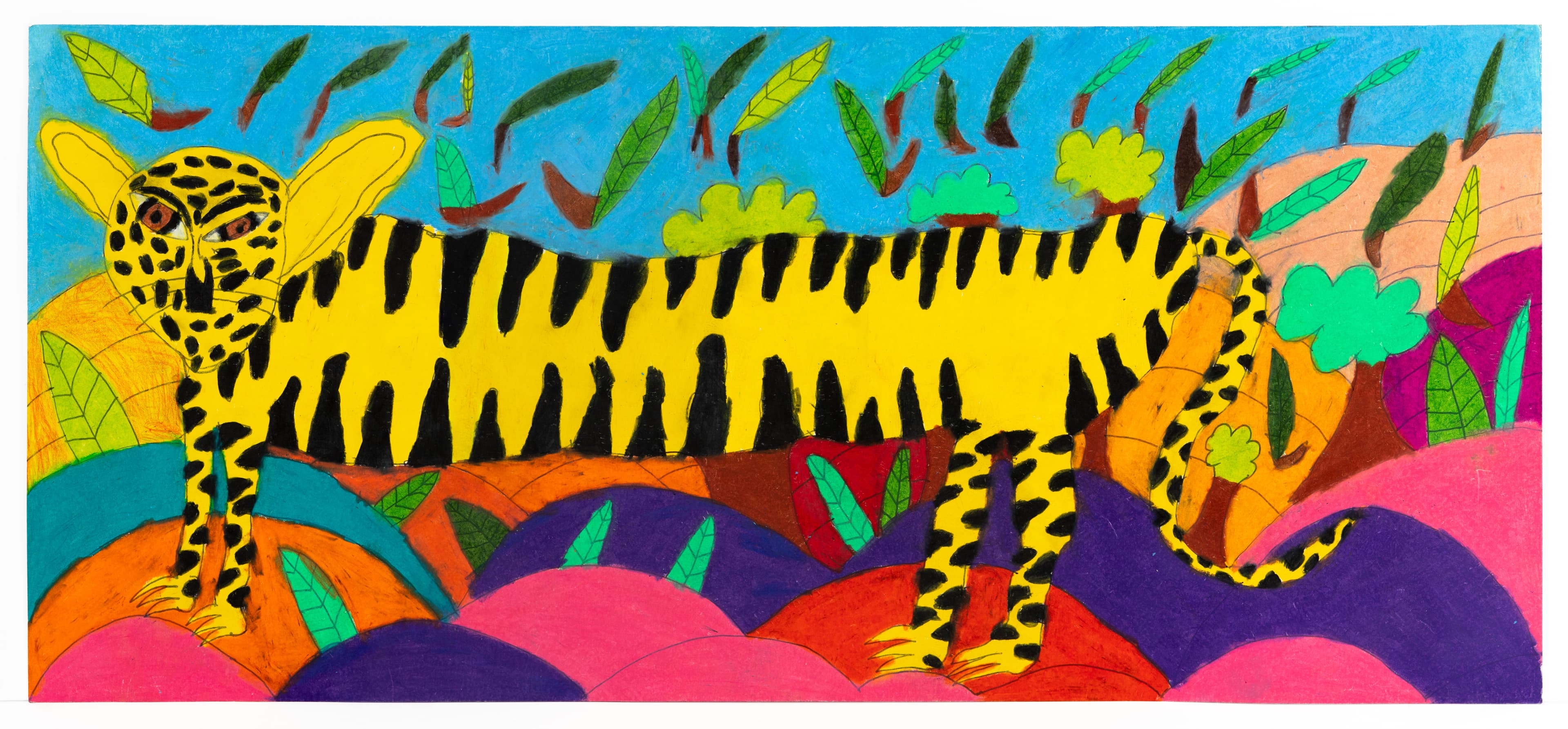 Colorful drawing of yellow tiger with black stripes in vibrant jungle setting, ink and pastel on paper