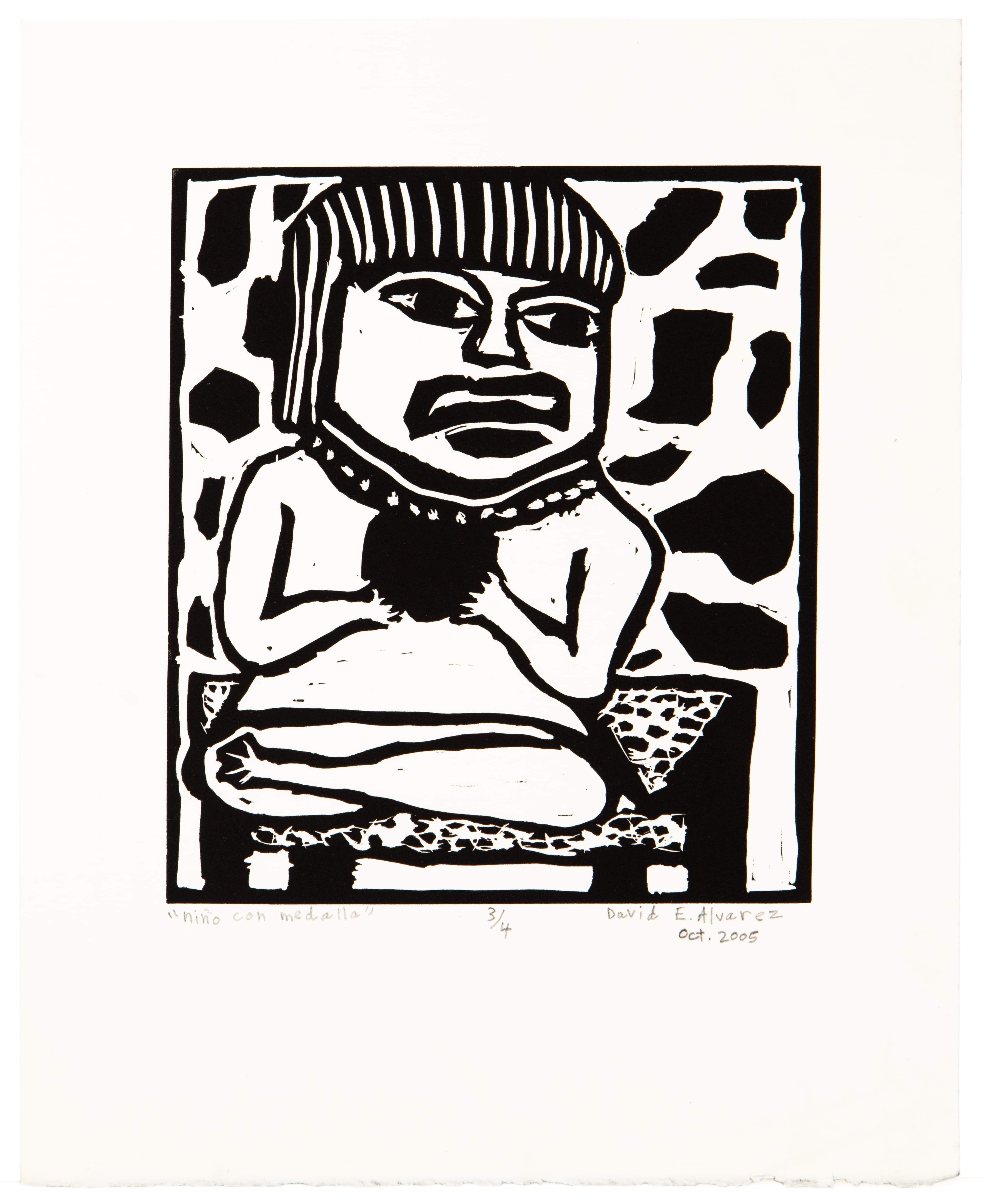 Black and white woodcut print of a seated figure with striped hair wearing beads and shorts with spotted pattern