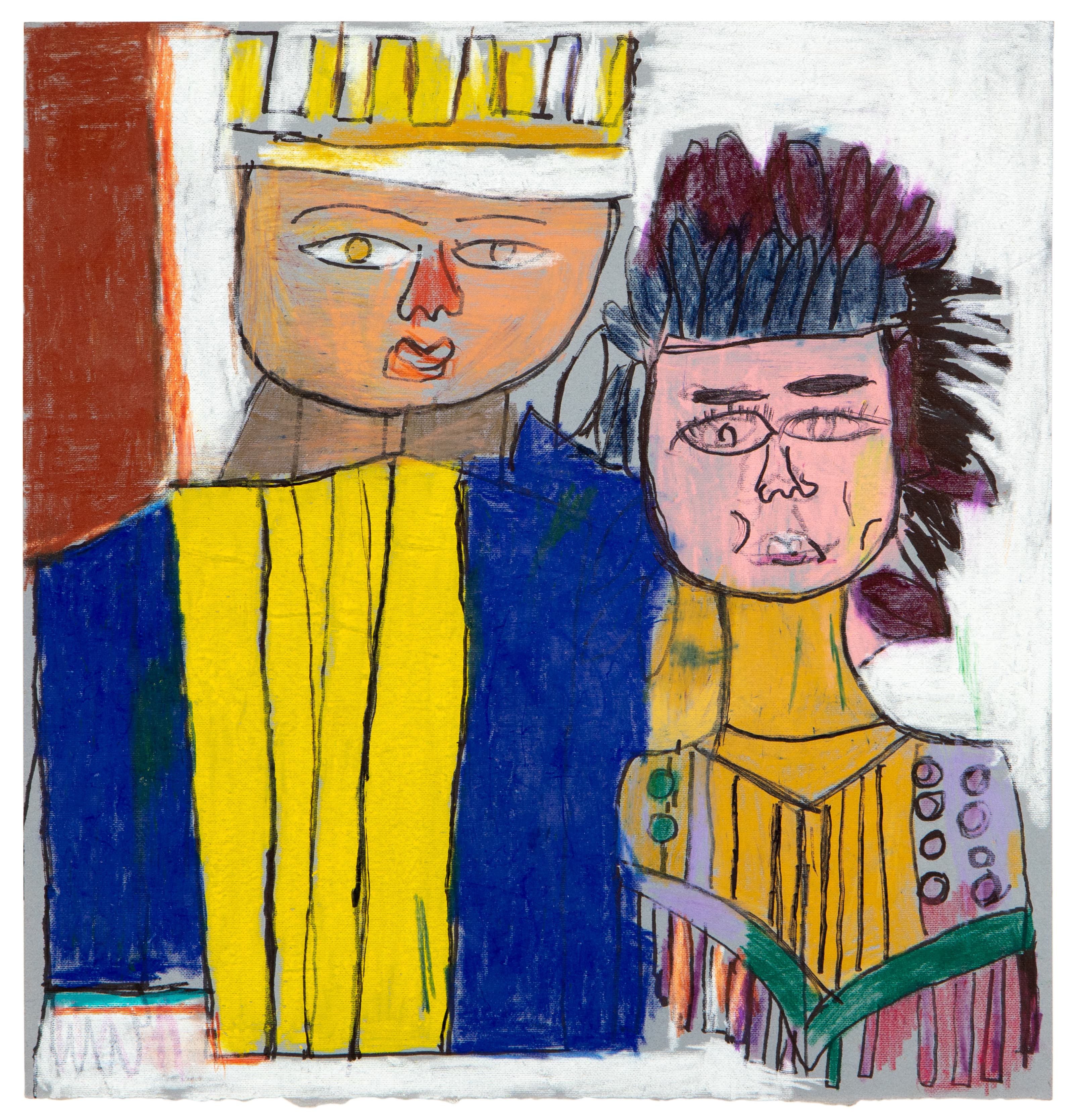 Ink and pastel drawing of two portrait figures, one wearing a yellow crown and blue garment, the other with dark hair