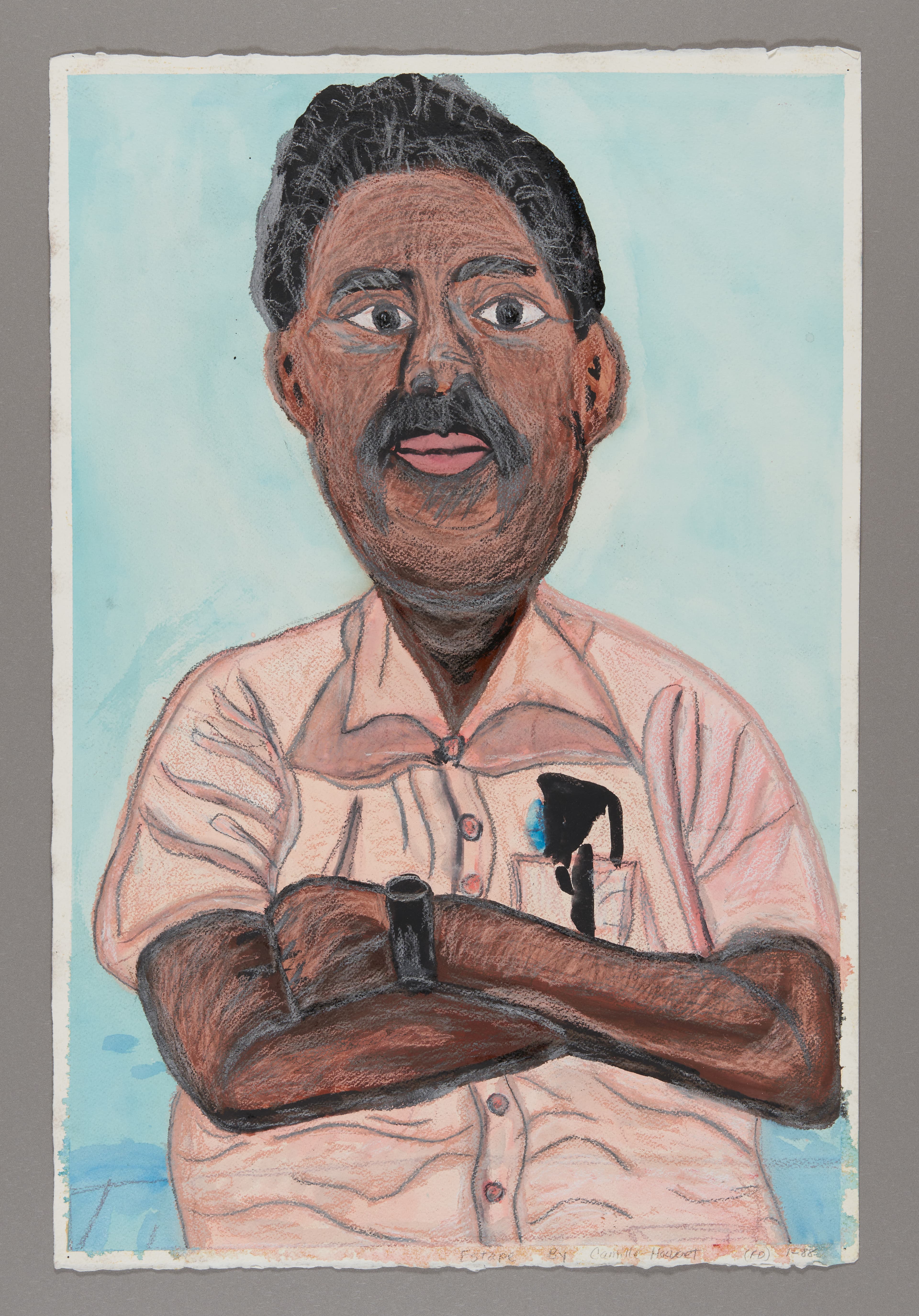 Portrait drawing of a person with dark hair and mustache wearing a pink shirt, arms crossed, watercolor and oil pastel