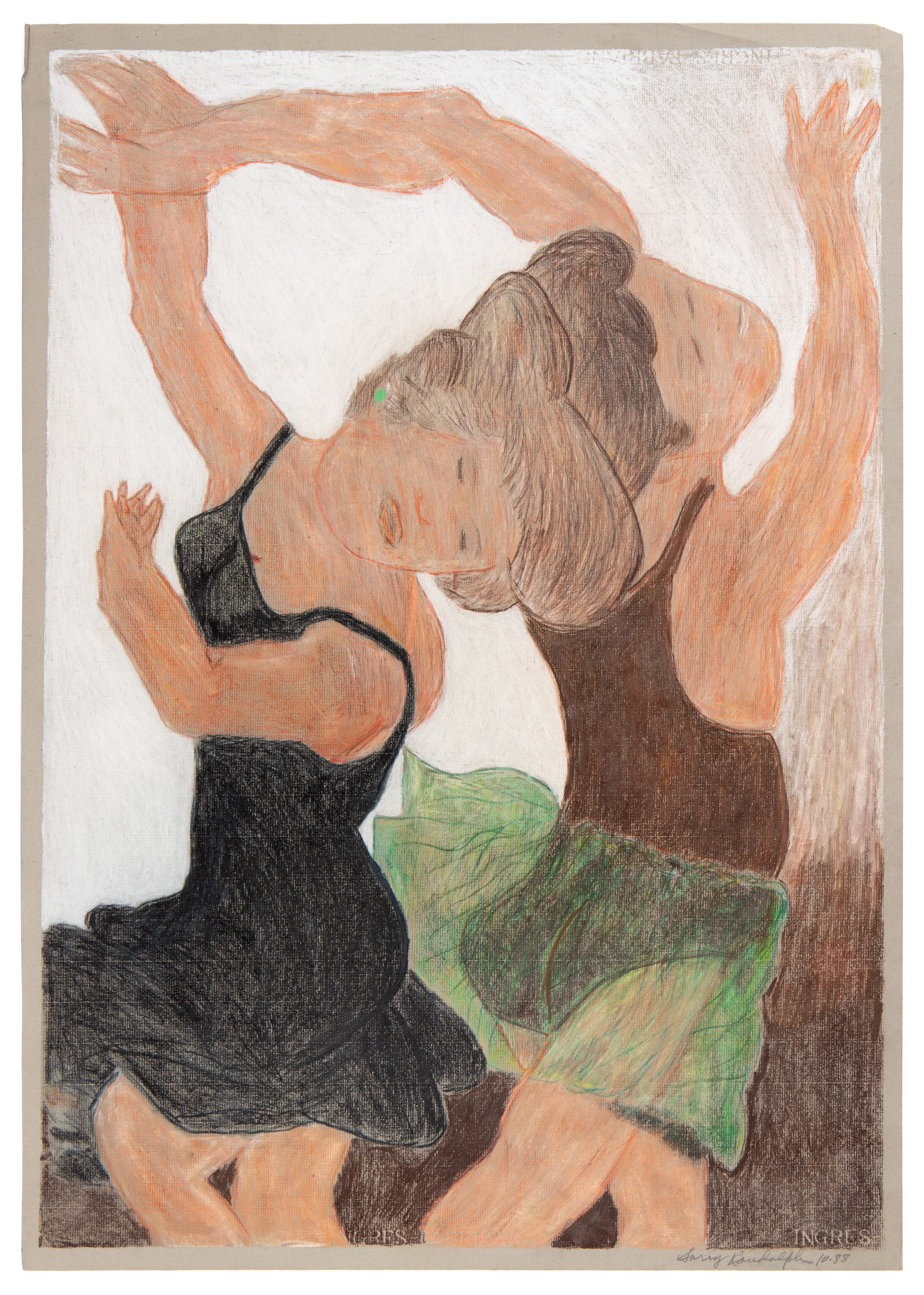 Drawing of two figures dancing with raised arms, rendered in colored pencil on paper
