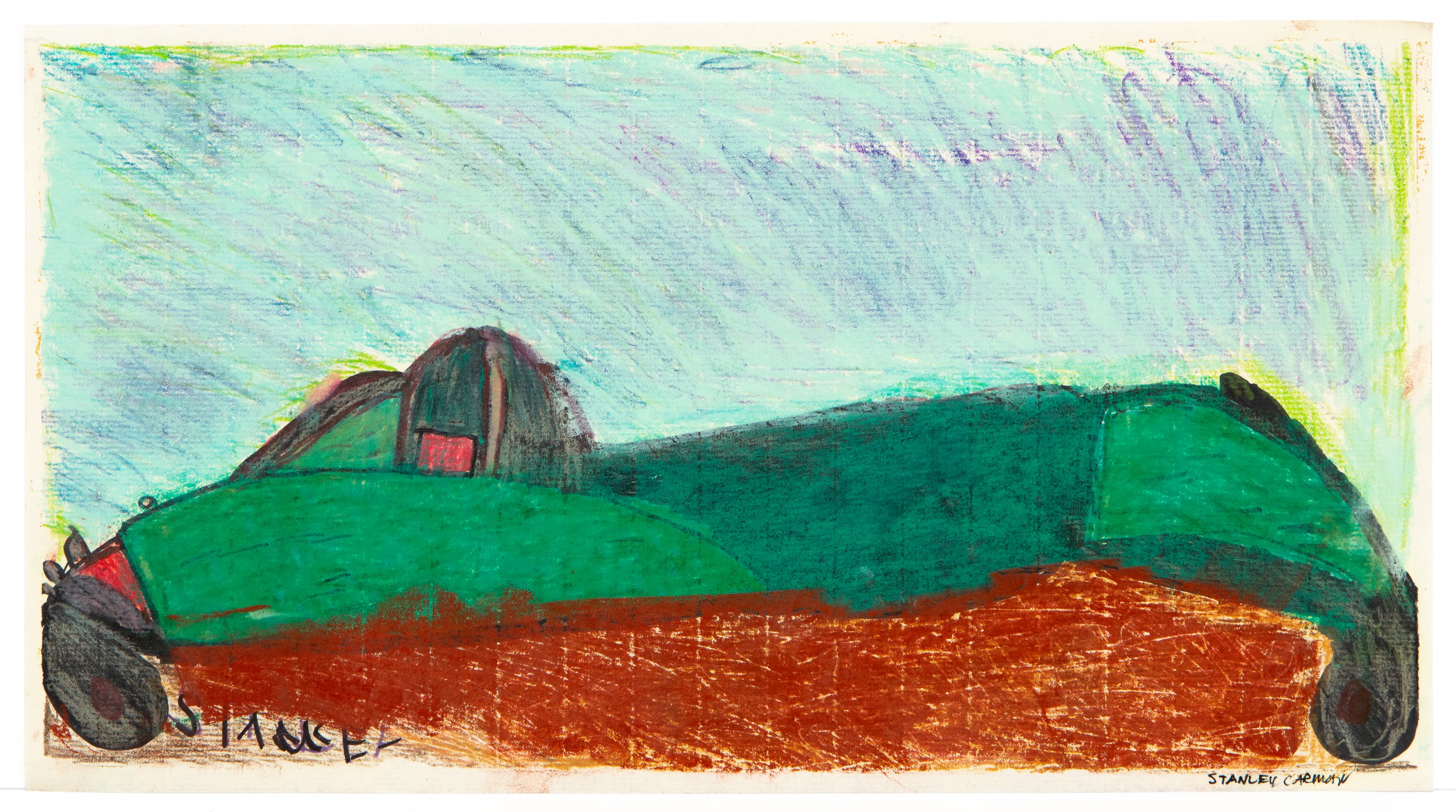 Drawing in ink and pastel showing a green car-like form with red underside and a building on rolling landscape