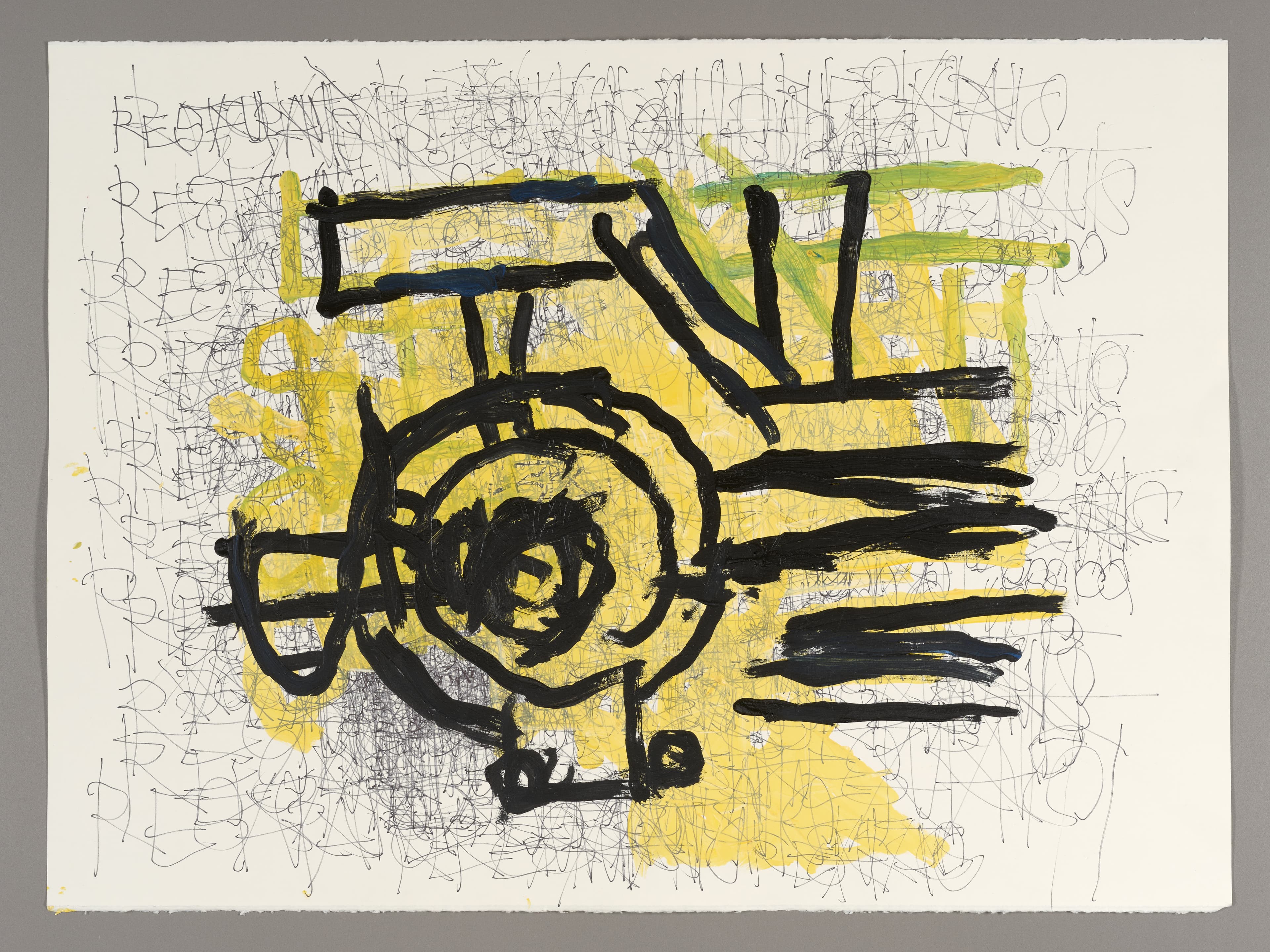 Drawing with black ink lines forming abstract shapes over yellow paint and dense pencil text on white paper