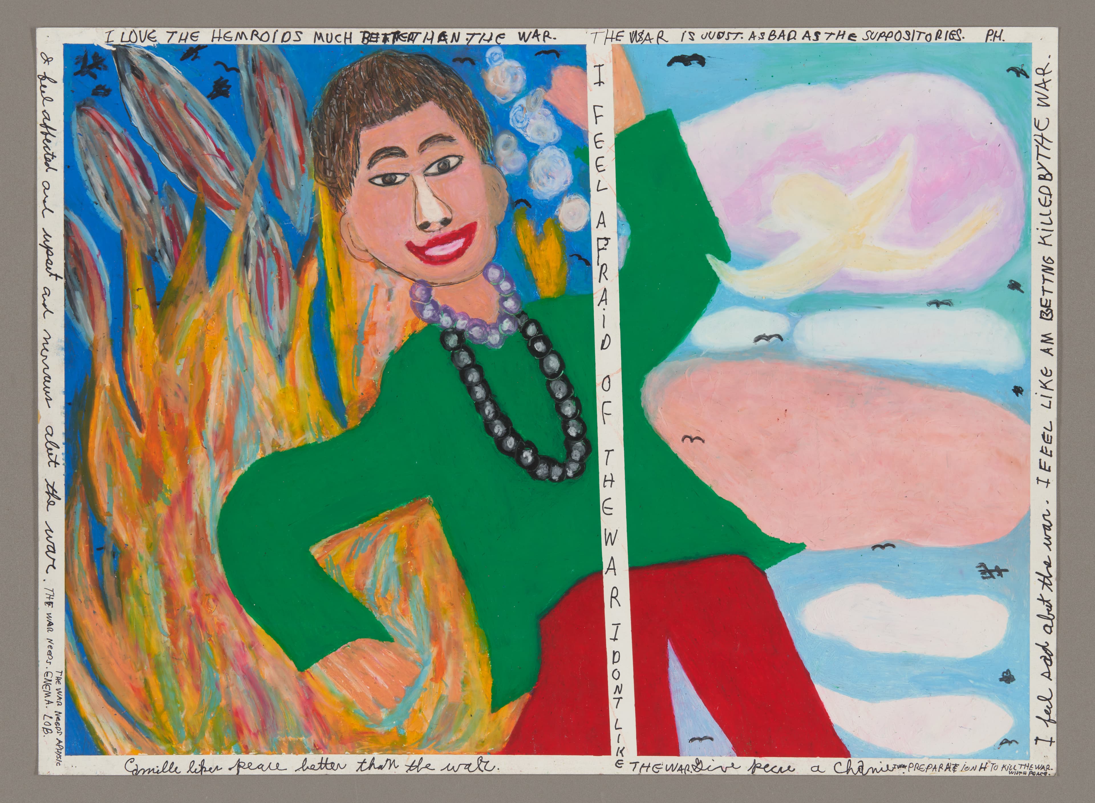 Oil pastel drawing of a figure in green top and red pants with wings, surrounded by handwritten text about war