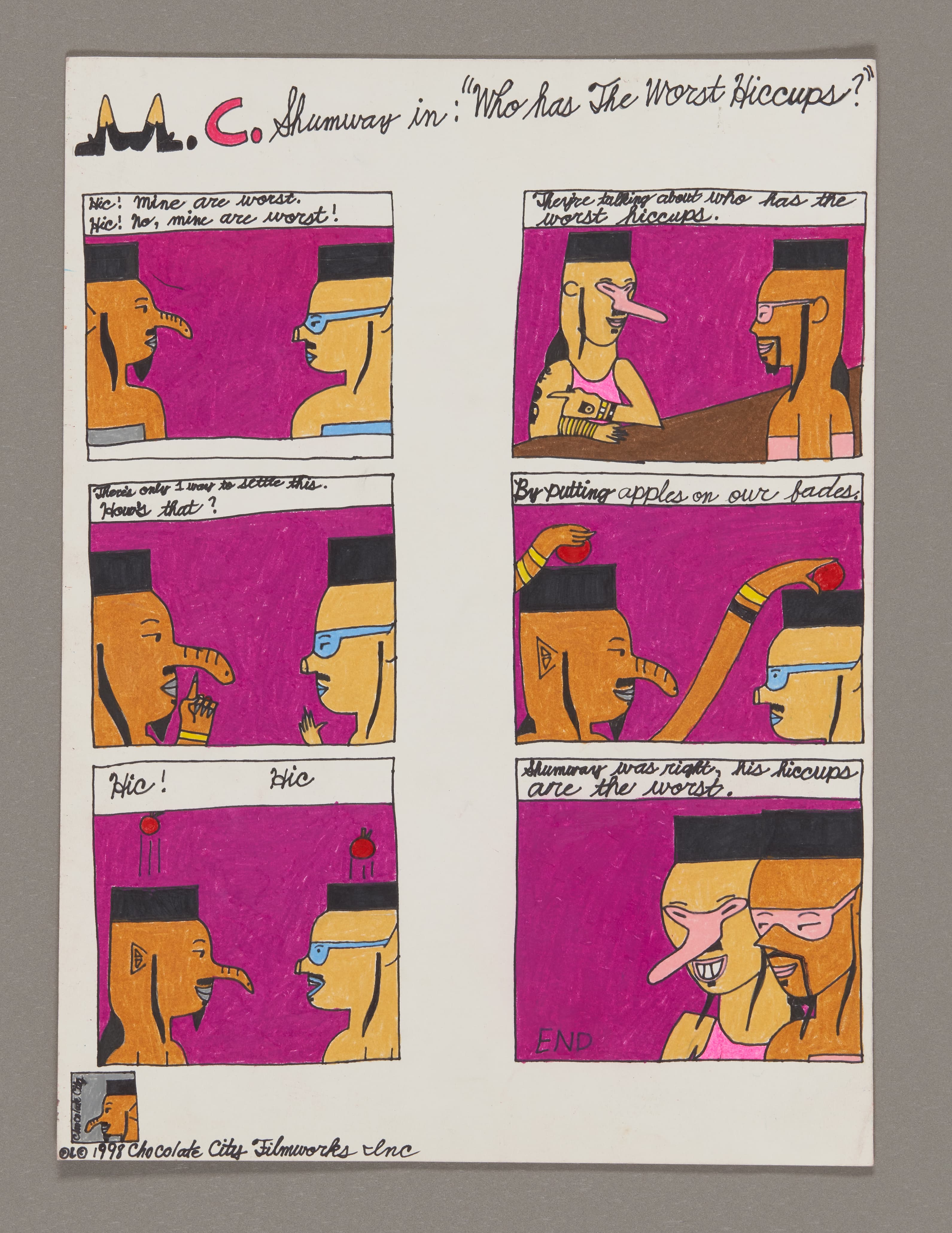 Comic strip with 6 panels showing two characters discussing hiccups, drawn in colored pencil and ink on paper