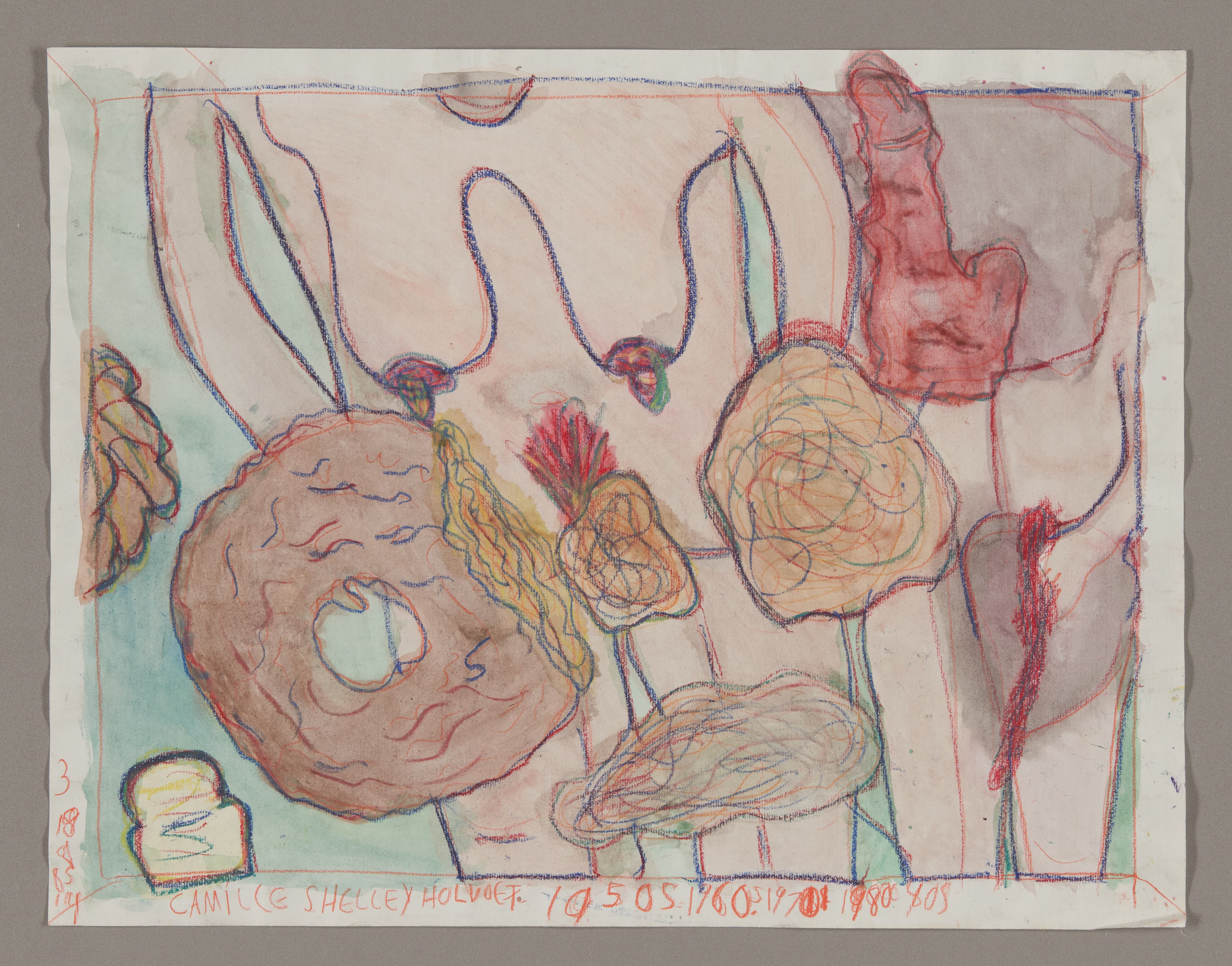 Watercolor and crayon drawing of abstract organic forms with bunny-like ears in earth tones and pastels
