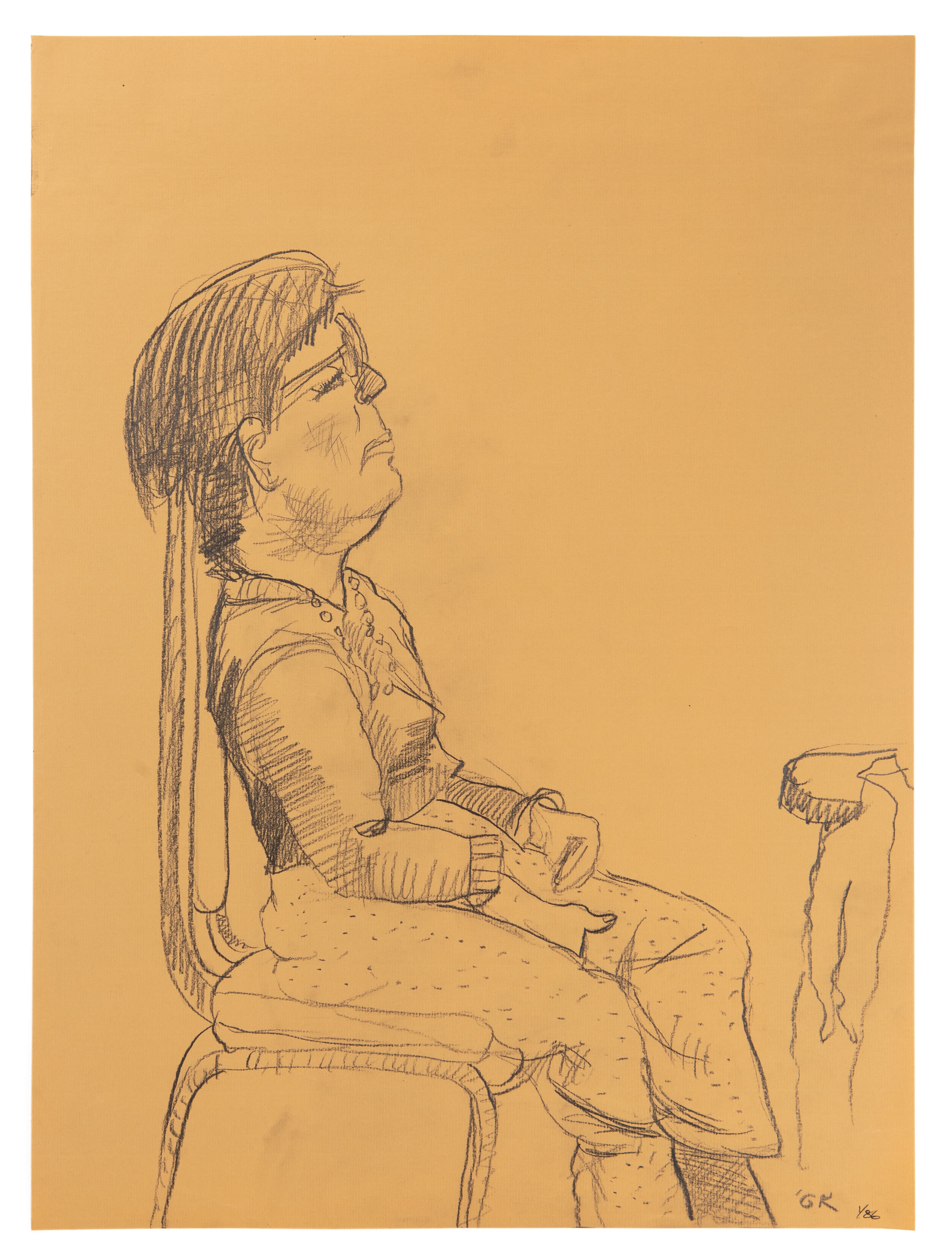 Pencil drawing of a seated figure in profile on tan paper, shown from the side with hair in a low ponytail