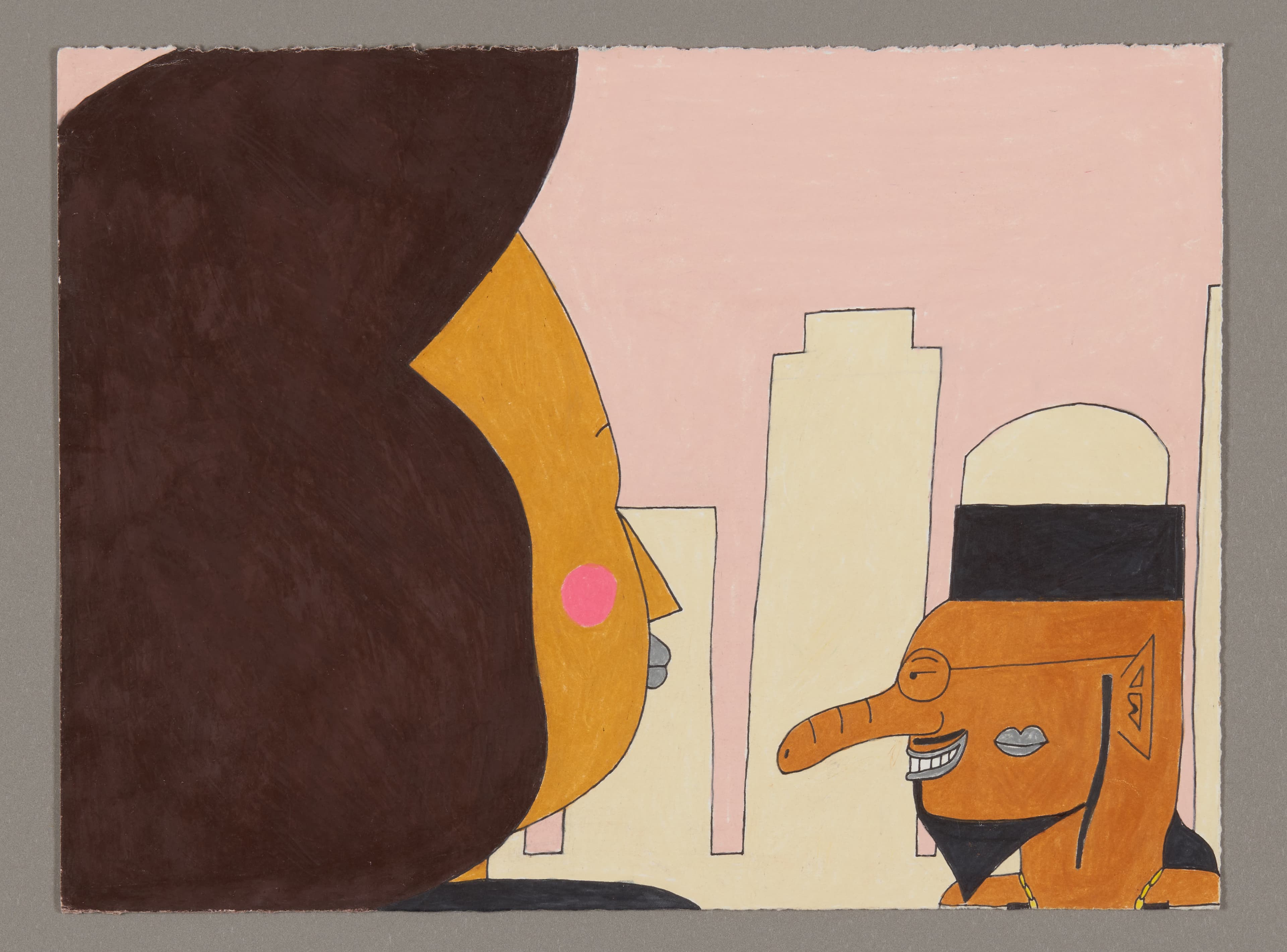 Mixed media drawing with profile figure, orange character, and city skyline in pink, brown, and cream colors