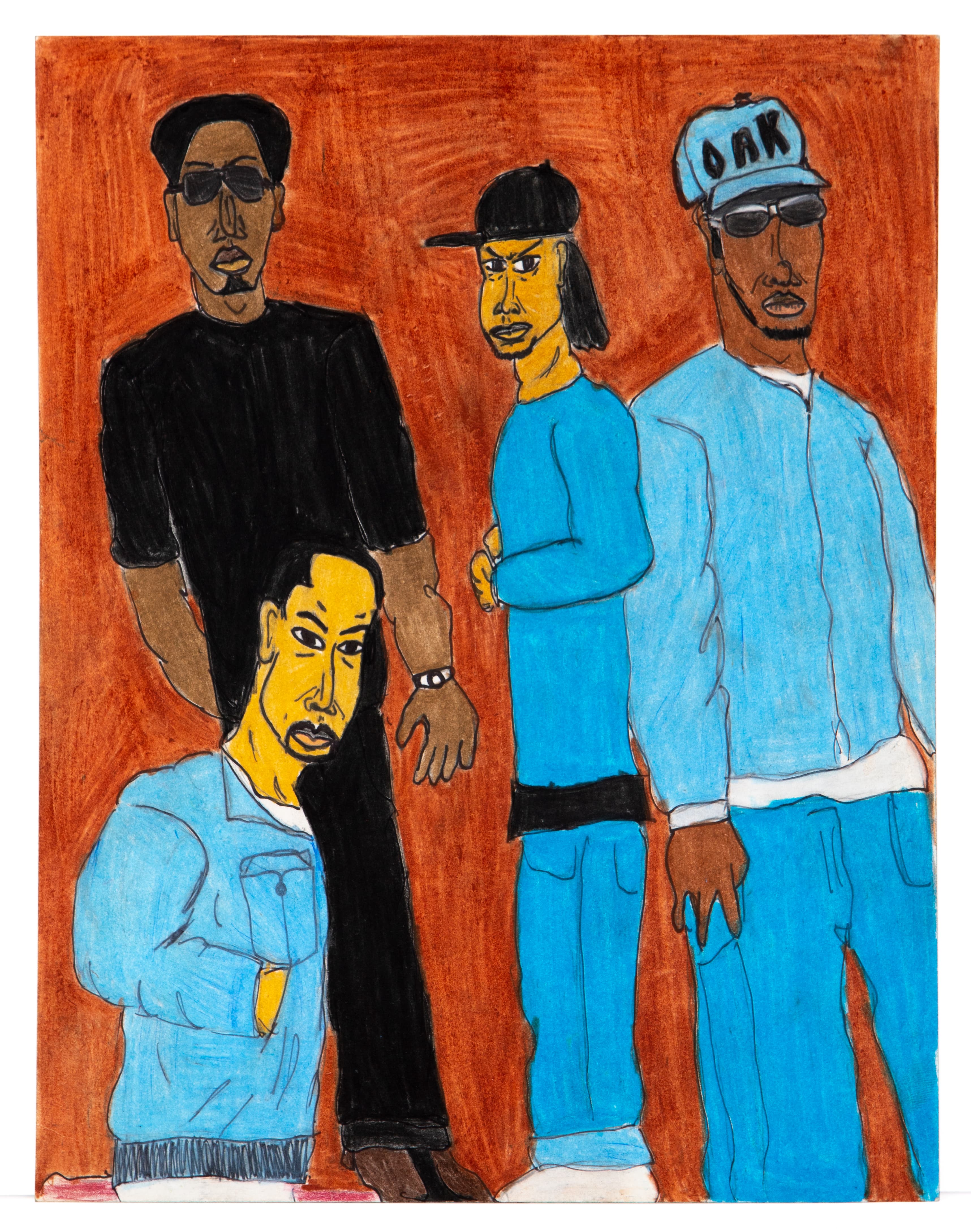 Colored pencil drawing of four figures in urban clothing against orange background