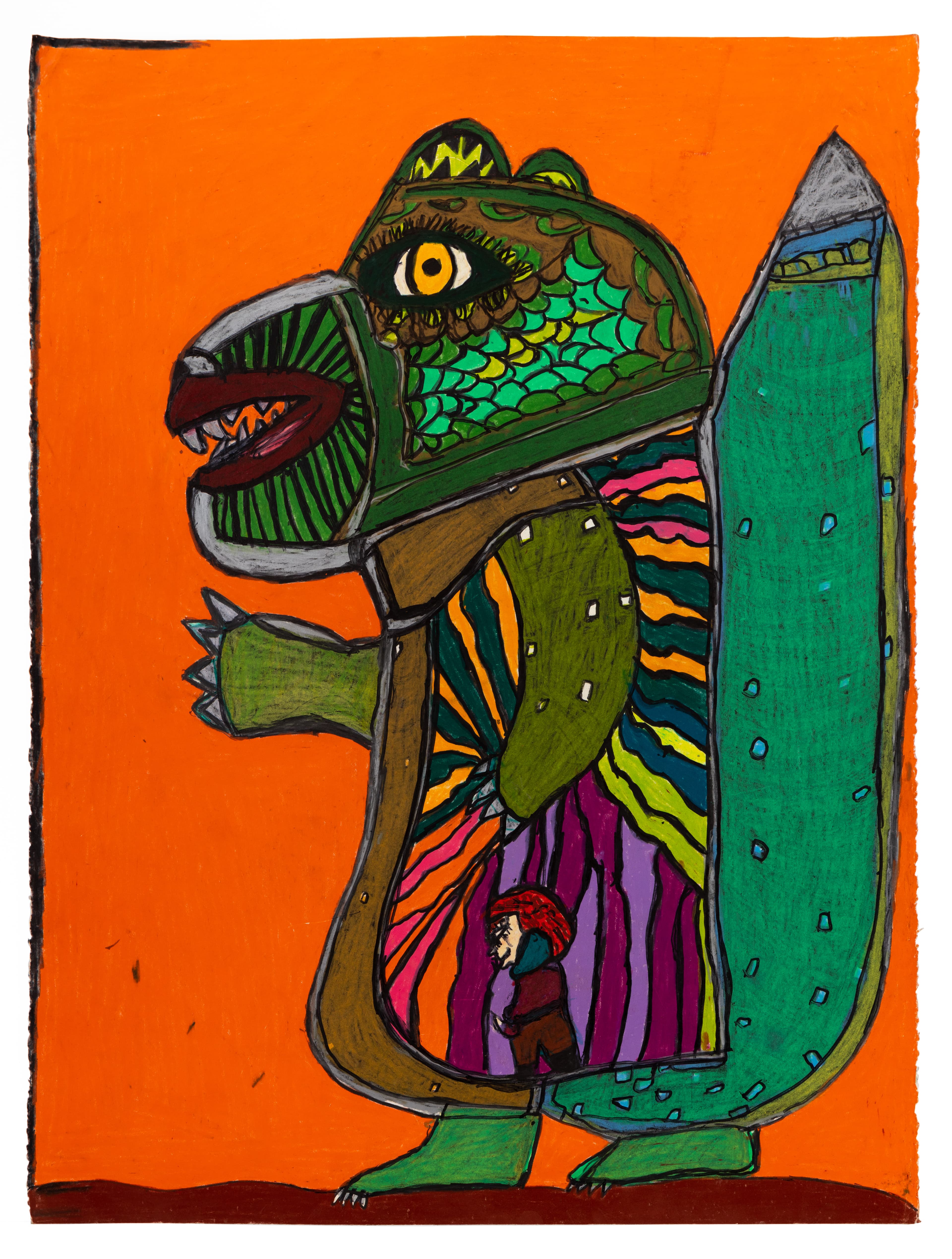 Drawing of a green dragon-like creature with open mouth, wearing armor, containing a small figure, on orange background
