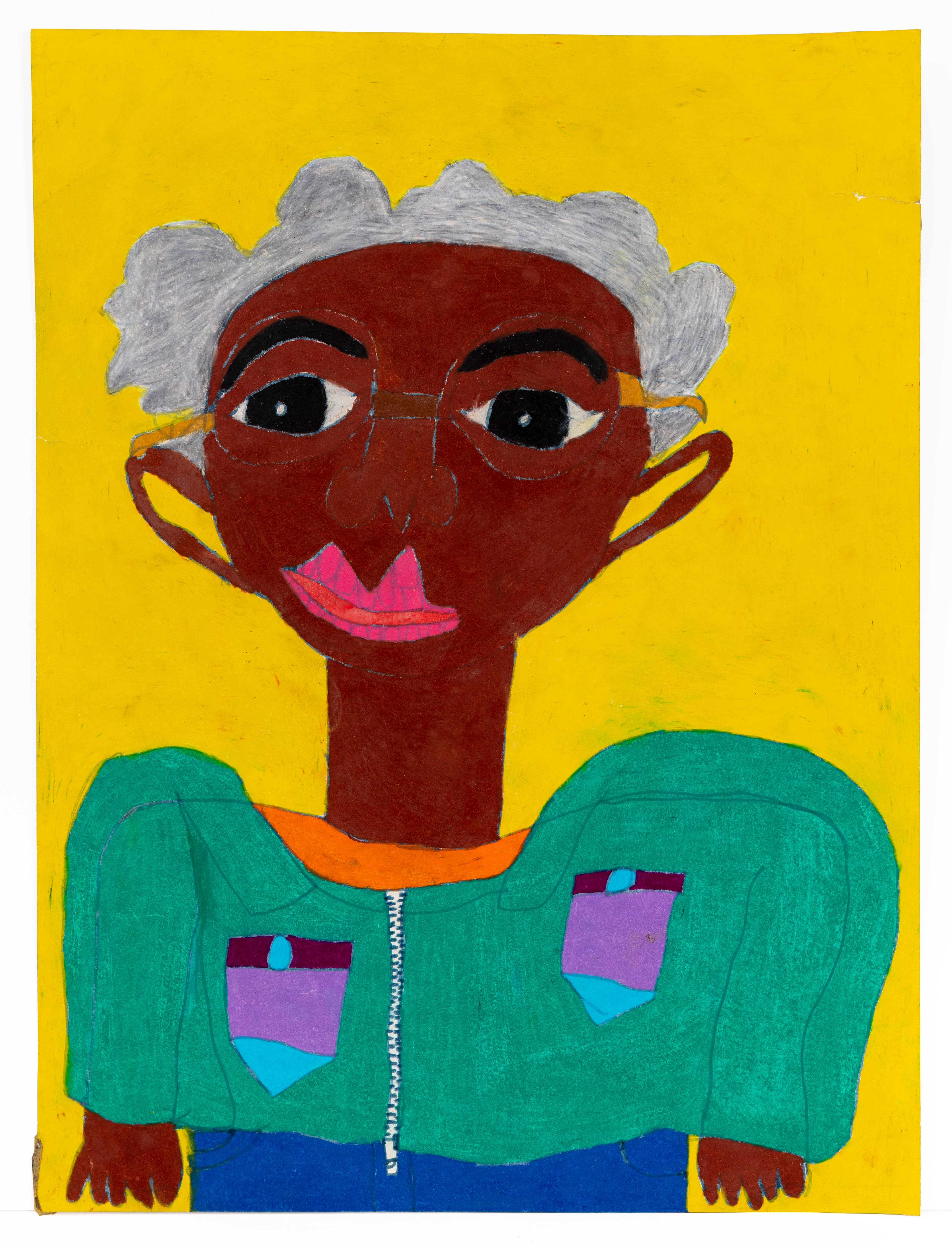 Portrait drawing of a person with gray hair wearing a green jacket, ink and pastel on paper