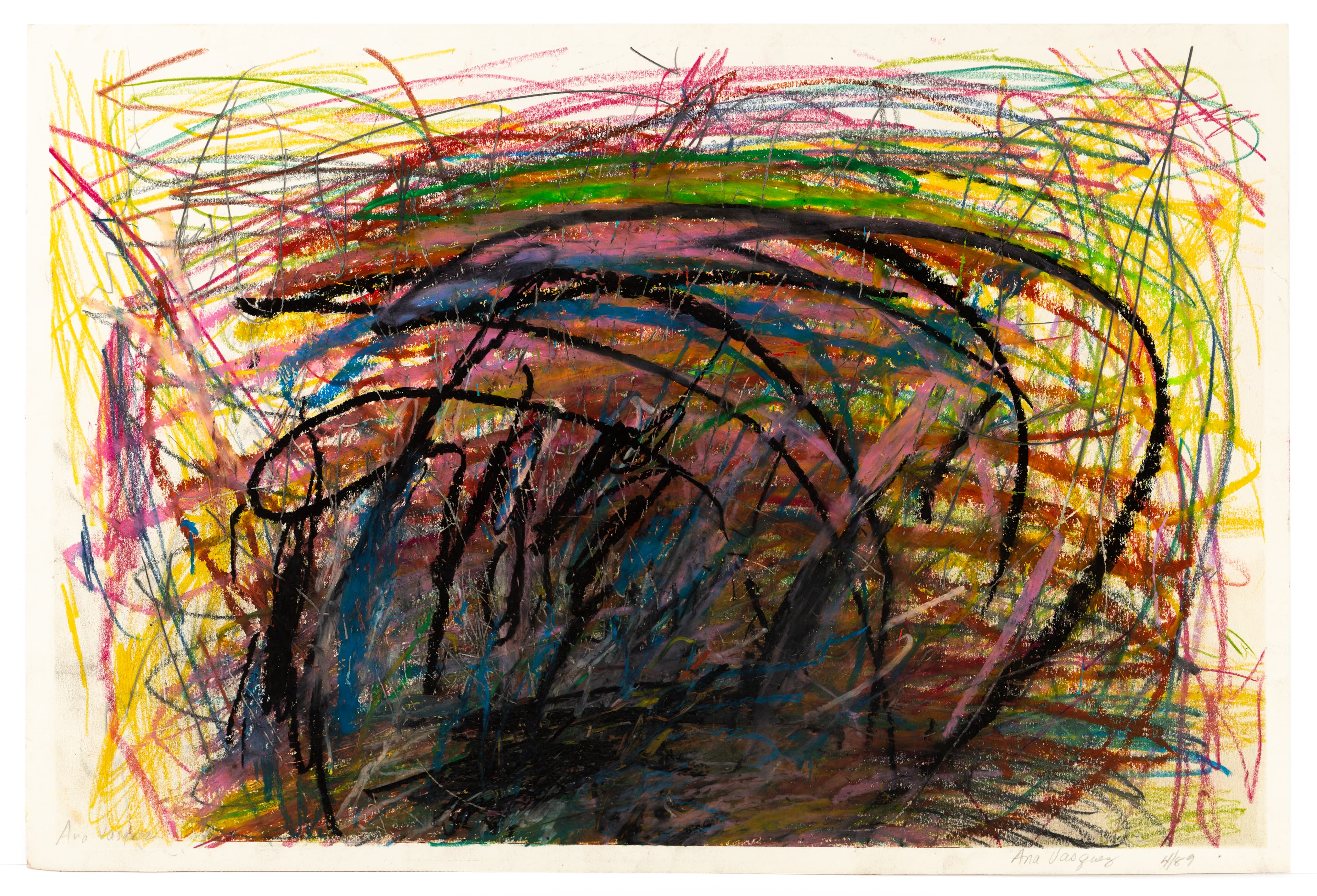 Abstract drawing with energetic circular scribbles in mixed media, featuring vibrant colors on cream paper