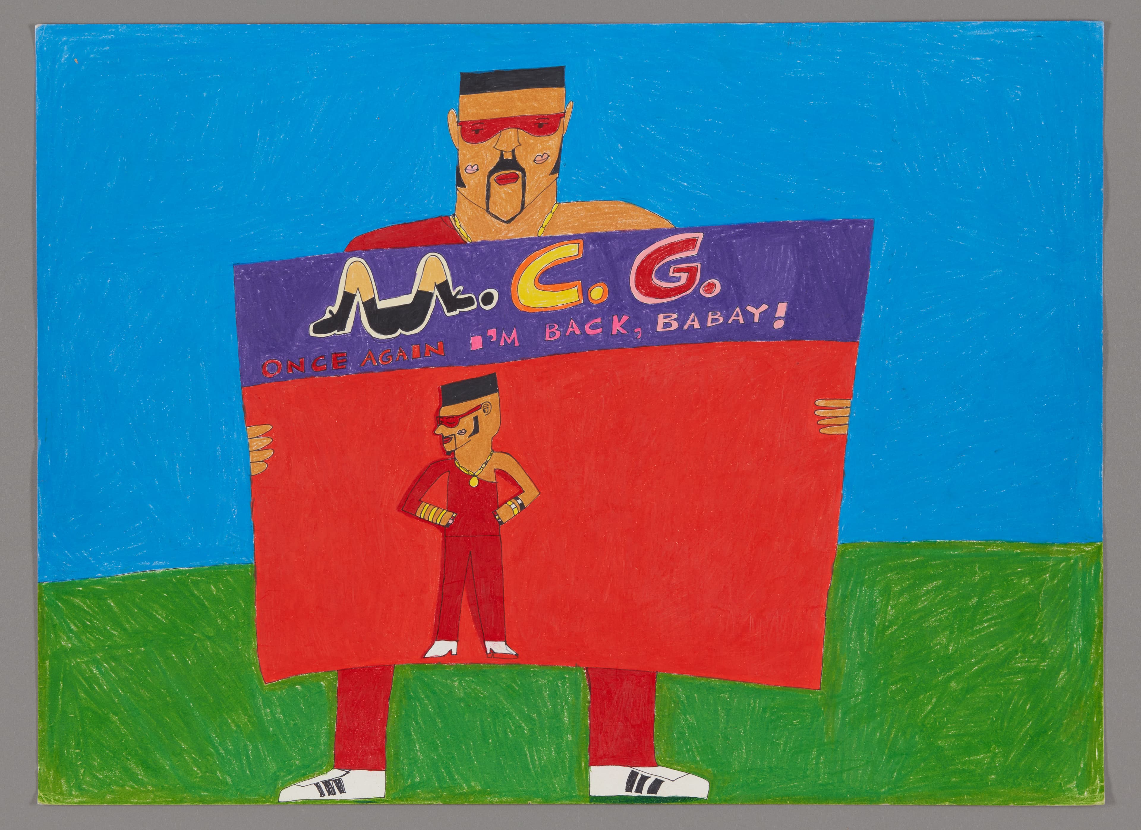 Drawing of figure holding large red and purple sign with 'C.G.' text, color stix and colored pencil on paper