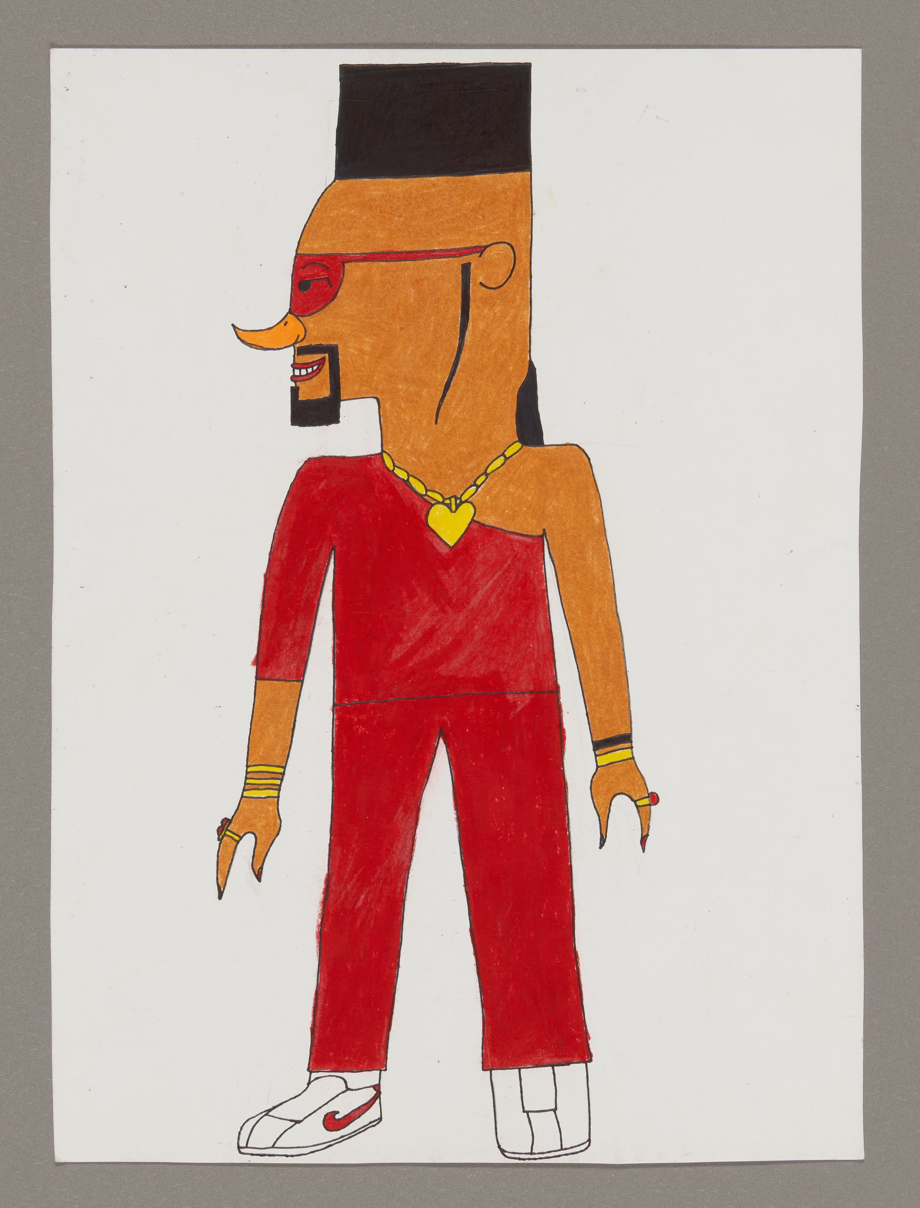Drawing of a standing figure in red outfit with orange skin, black hair, and yellow heart necklace on white paper