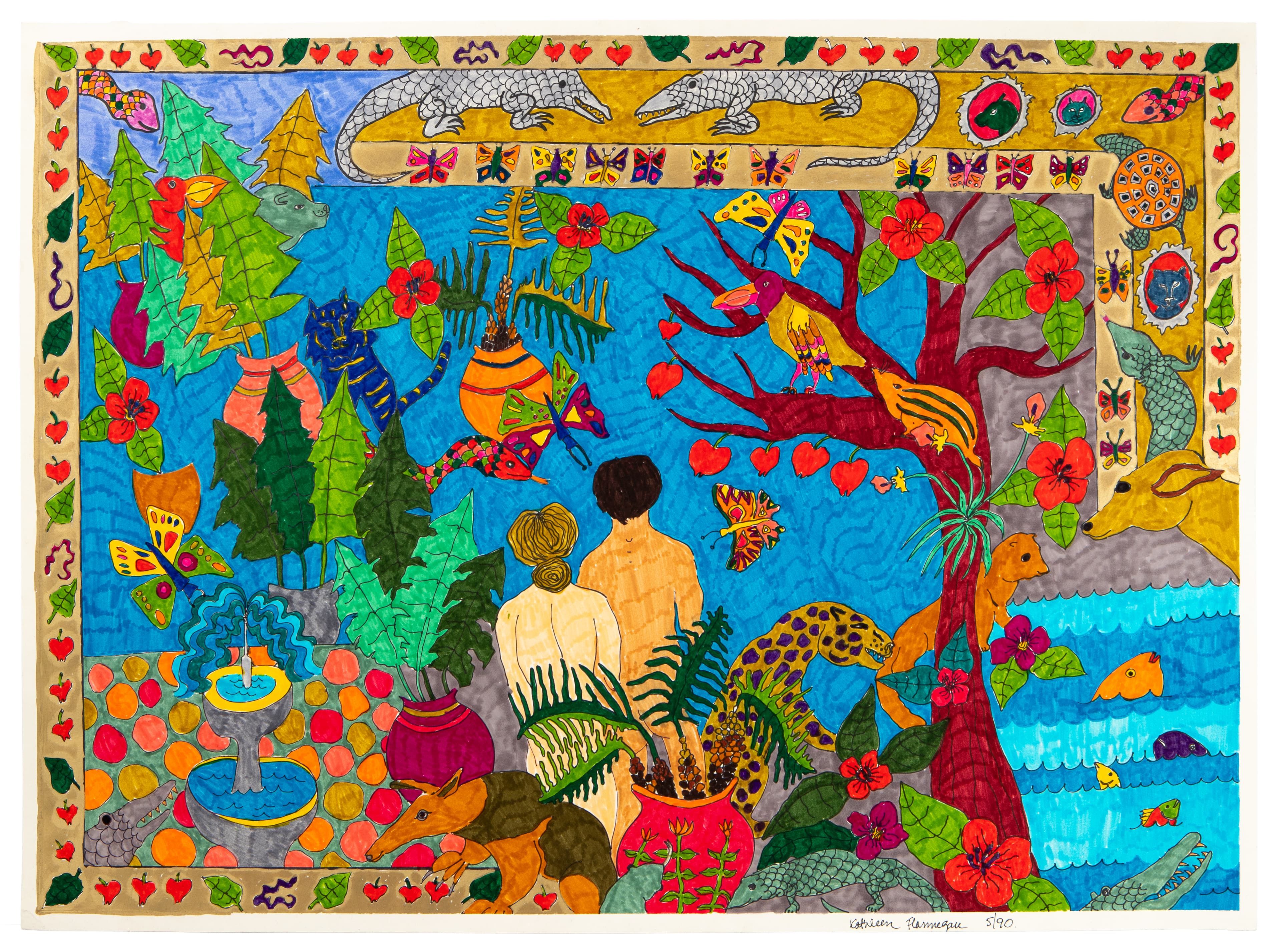 Colorful ink drawing depicting tropical paradise with two figures, exotic animals, plants, and decorative border