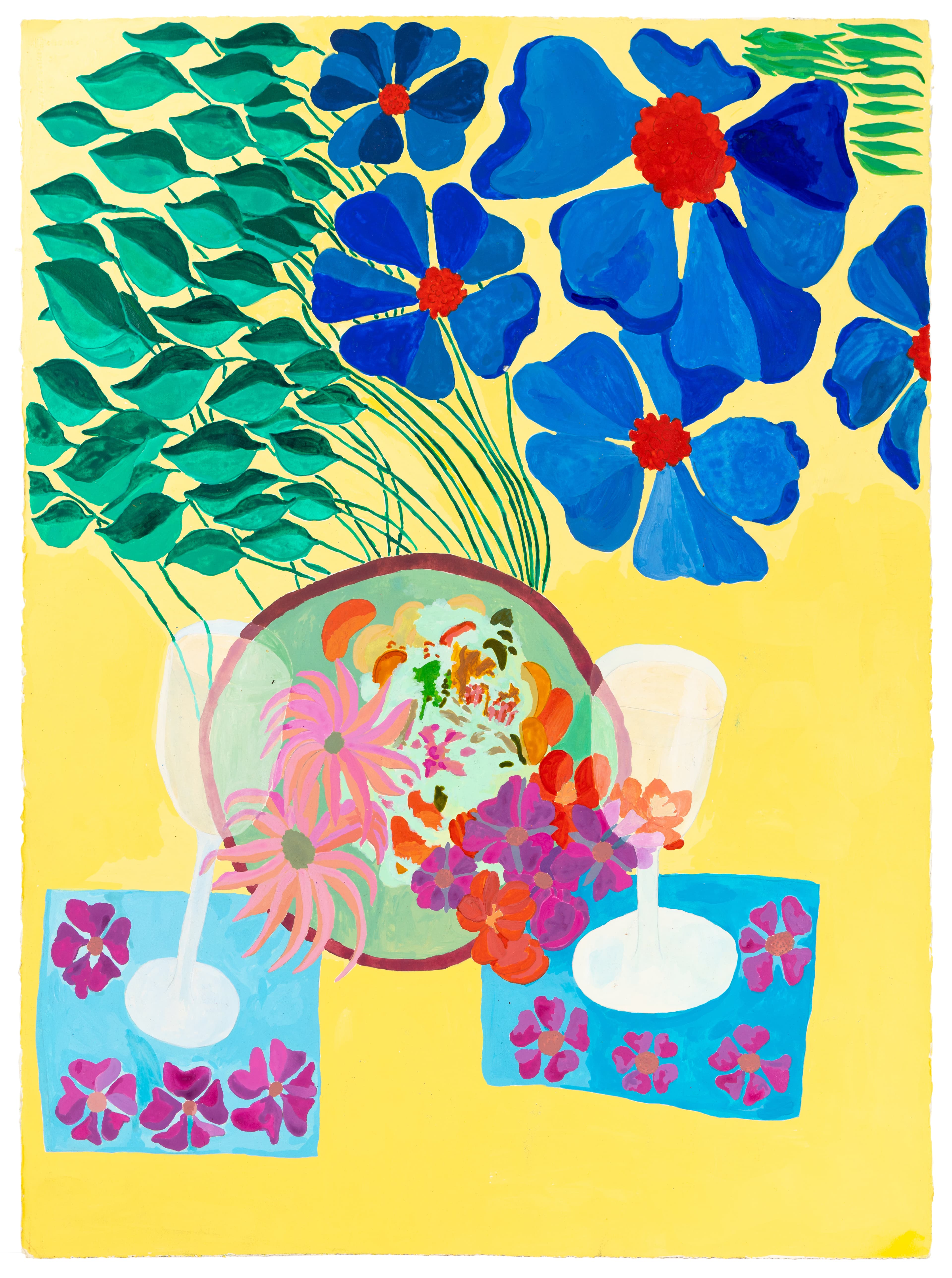 Acrylic painting showing vase with blue flowers and green foliage on yellow background with decorative blue boxes below