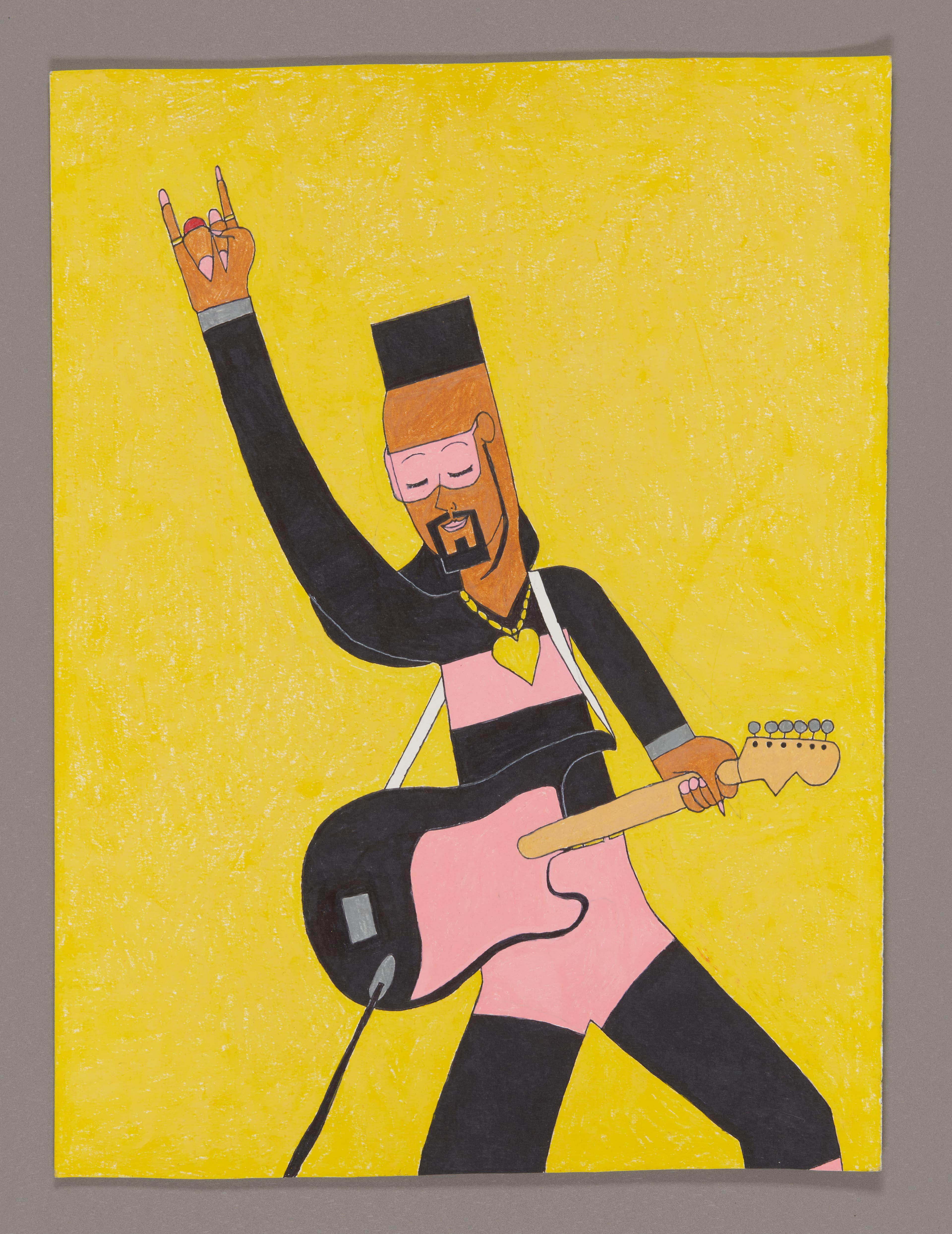 Drawing of a figure with guitar making rock hand gesture on bright yellow background, mixed media on paper