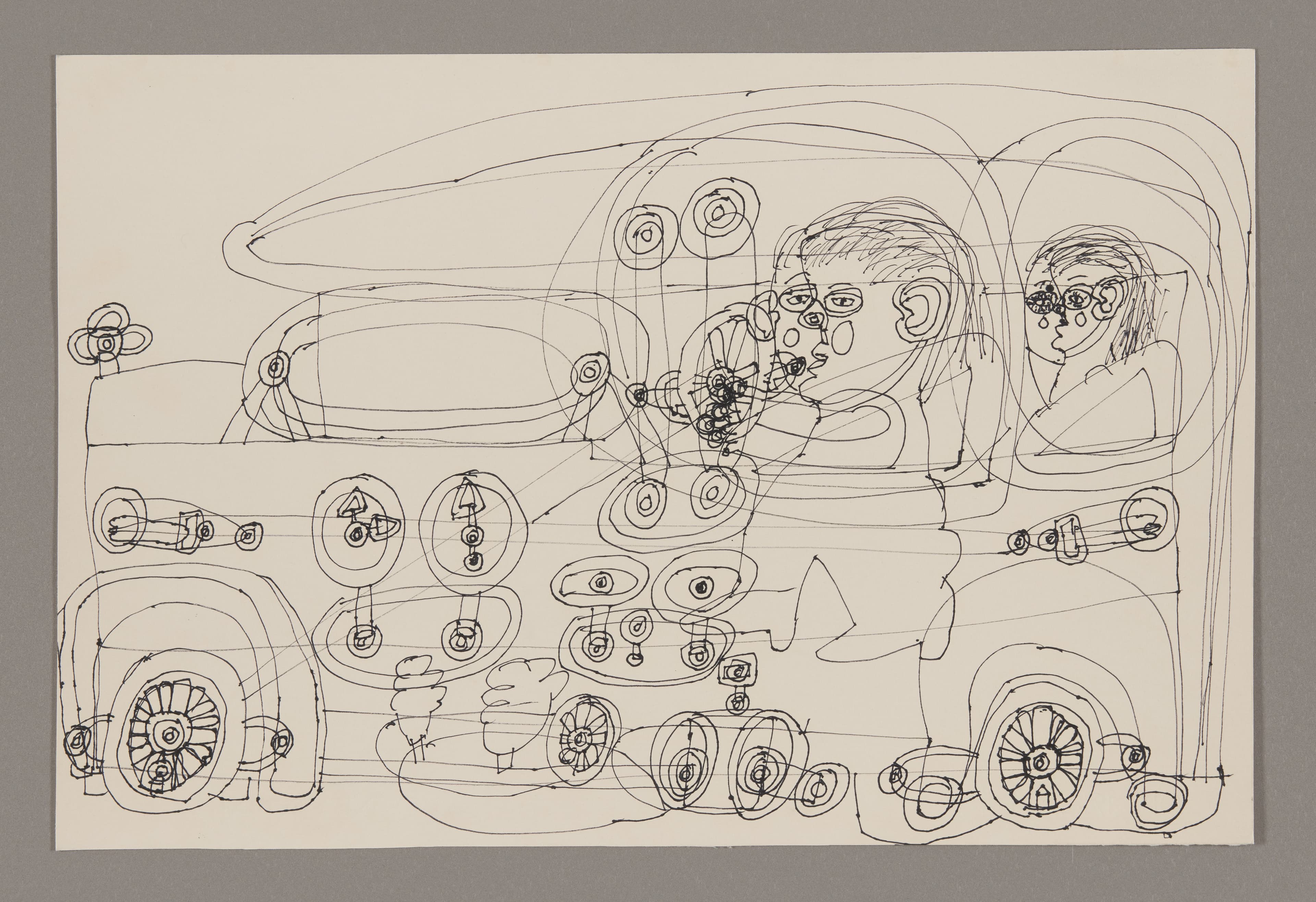 Ink drawing on paper showing detailed mechanical vehicle with circular forms, gears, and human figures