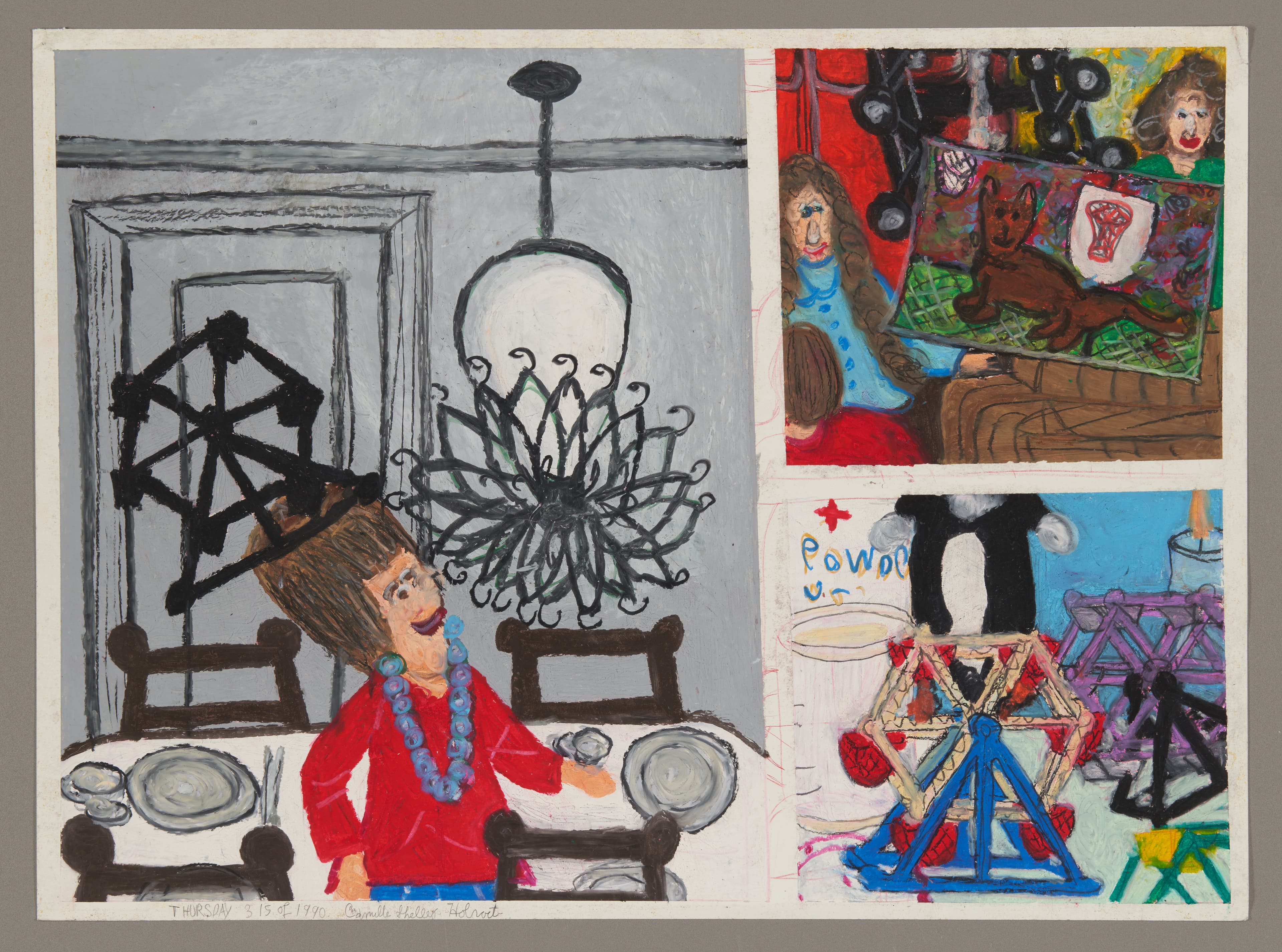 Mixed media artwork with three panels showing interior scenes with figures, oil pastel and marker on paper