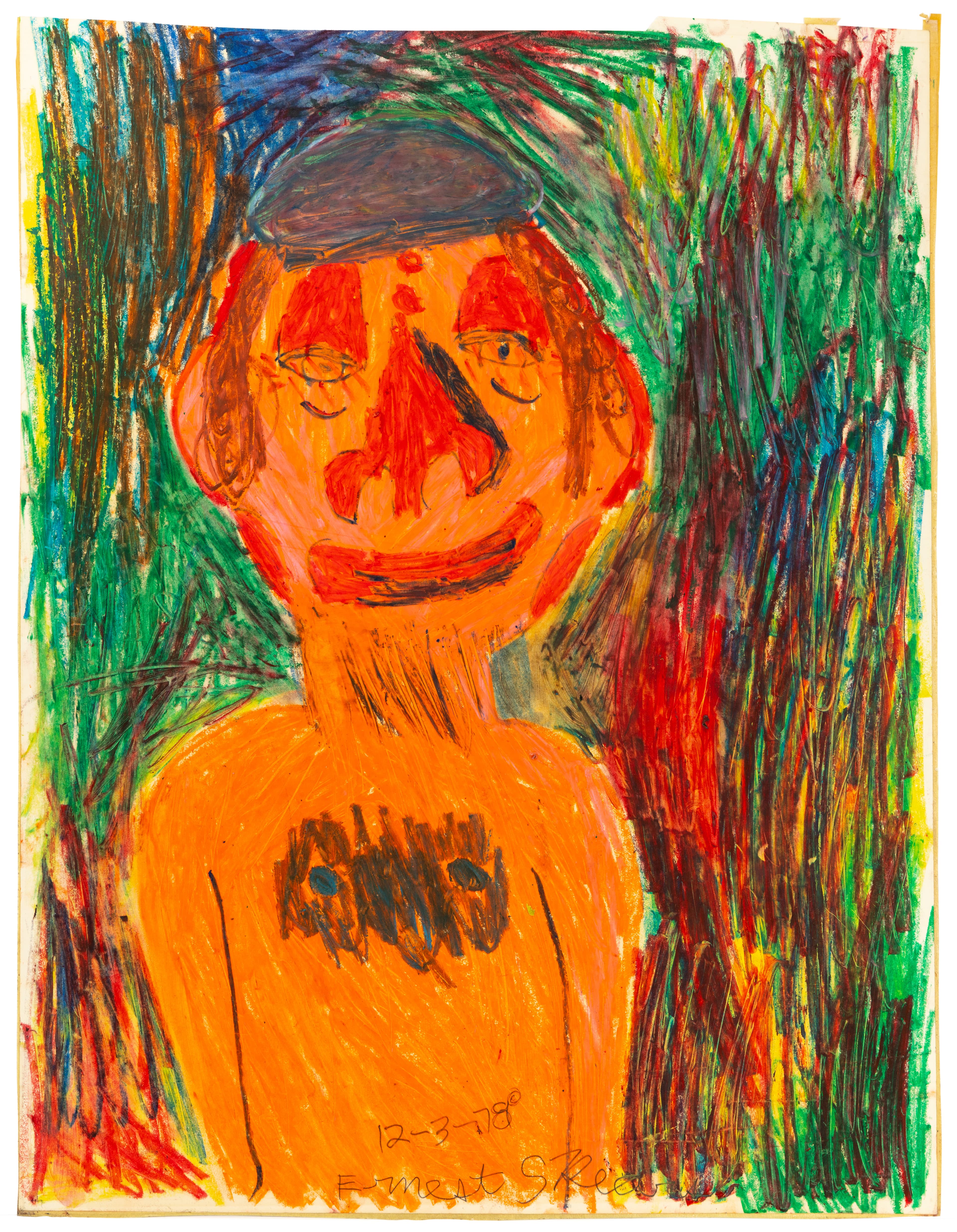 Crayon drawing of figure with orange face and body, dark hair, surrounded by colorful vertical strokes