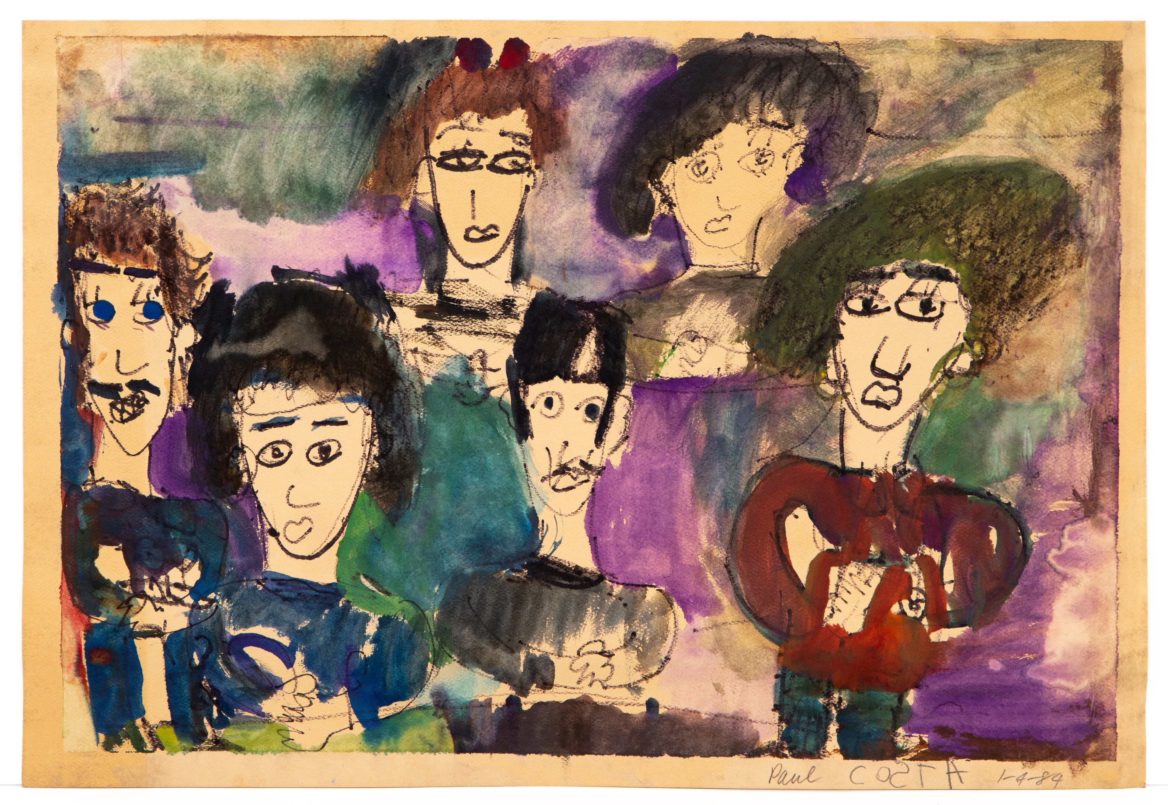 Watercolor painting showing seven stylized portrait heads arranged in a group composition with vibrant purple, blue, and green washes