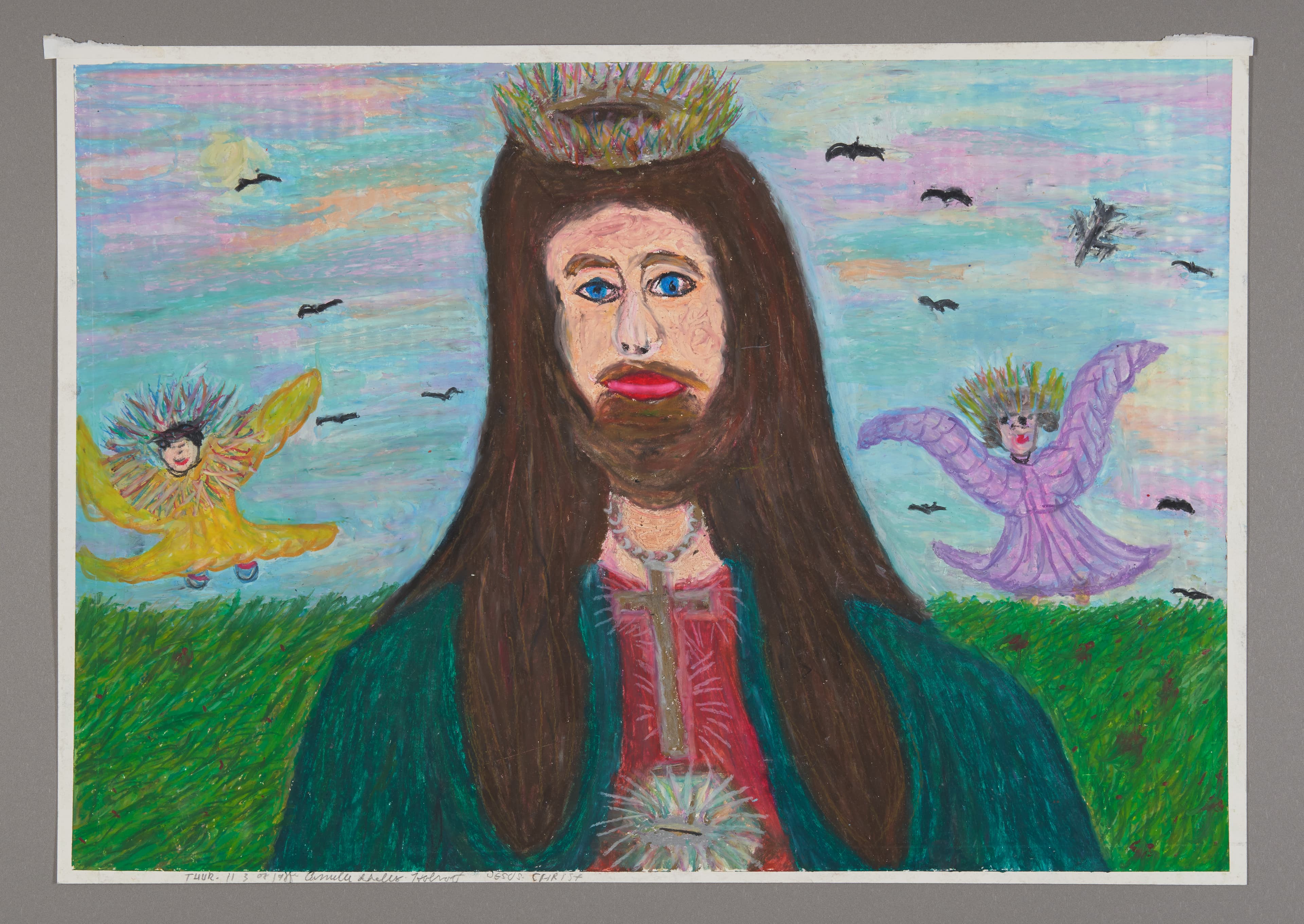 Oil pastel drawing of a figure with long brown hair and crown, flanked by two flying angel-like figures against a sky