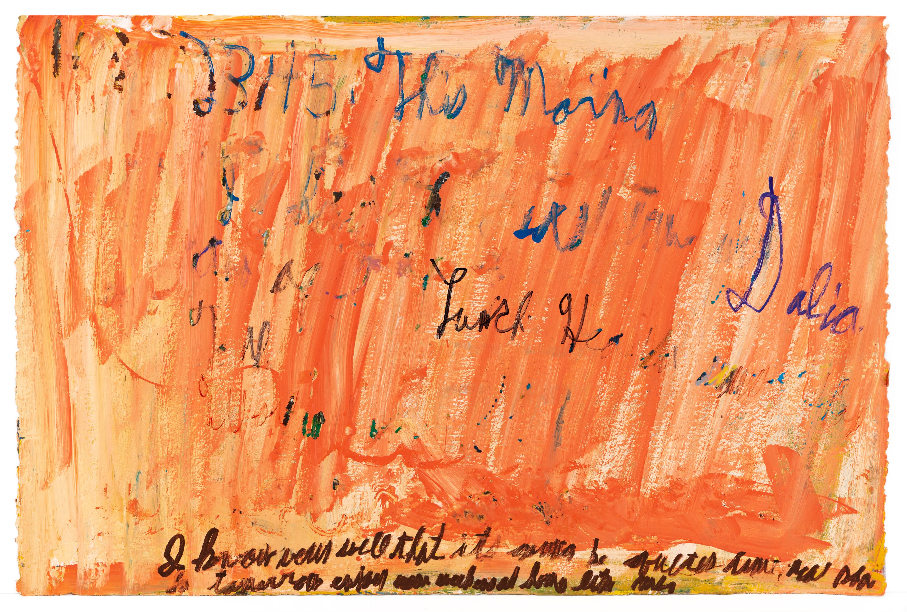 Mixed media artwork with orange brushstrokes and blue handwritten text on paper