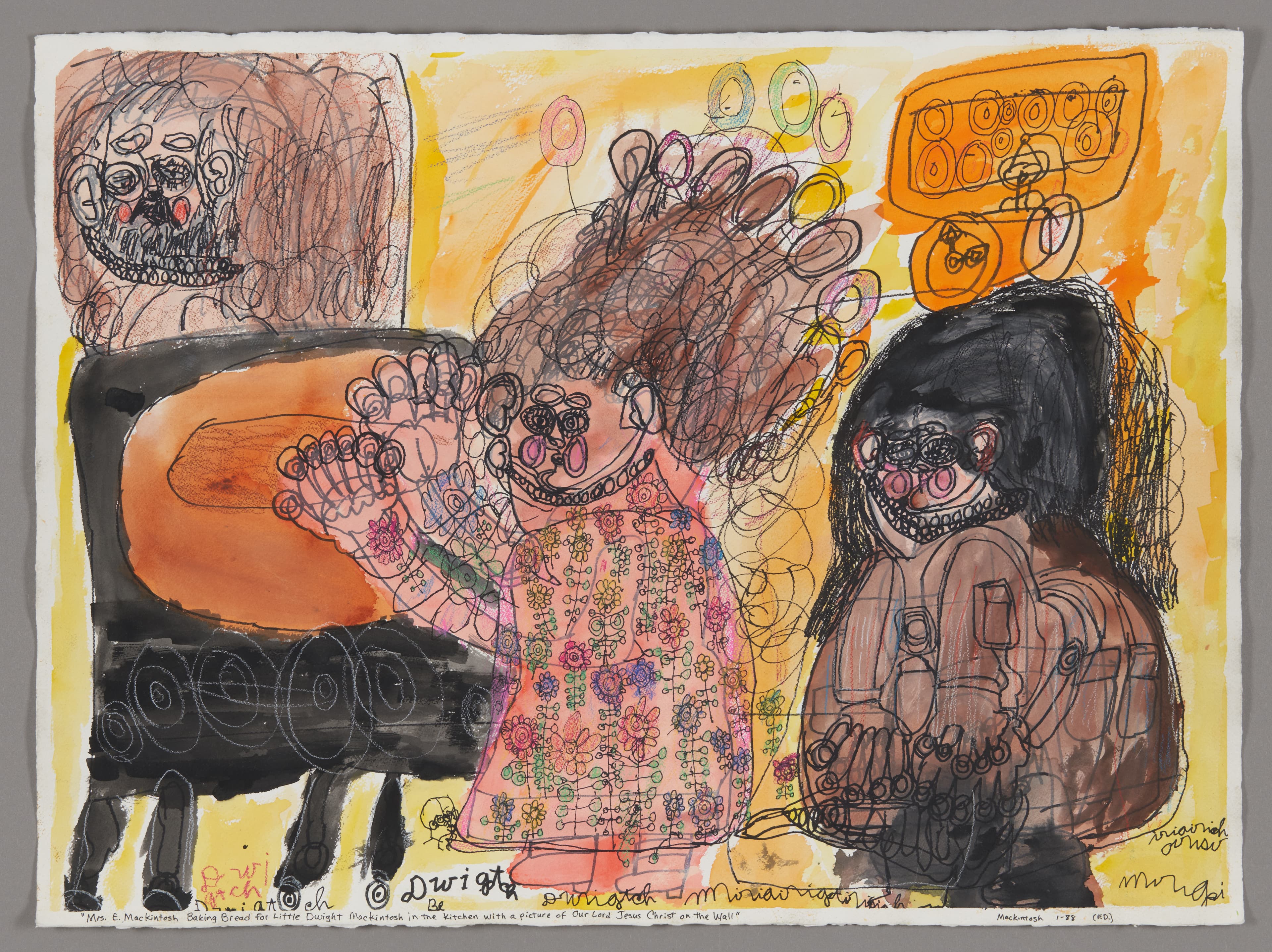 Mixed media drawing showing figures in a kitchen scene with colorful ink, crayon, and watercolor on paper