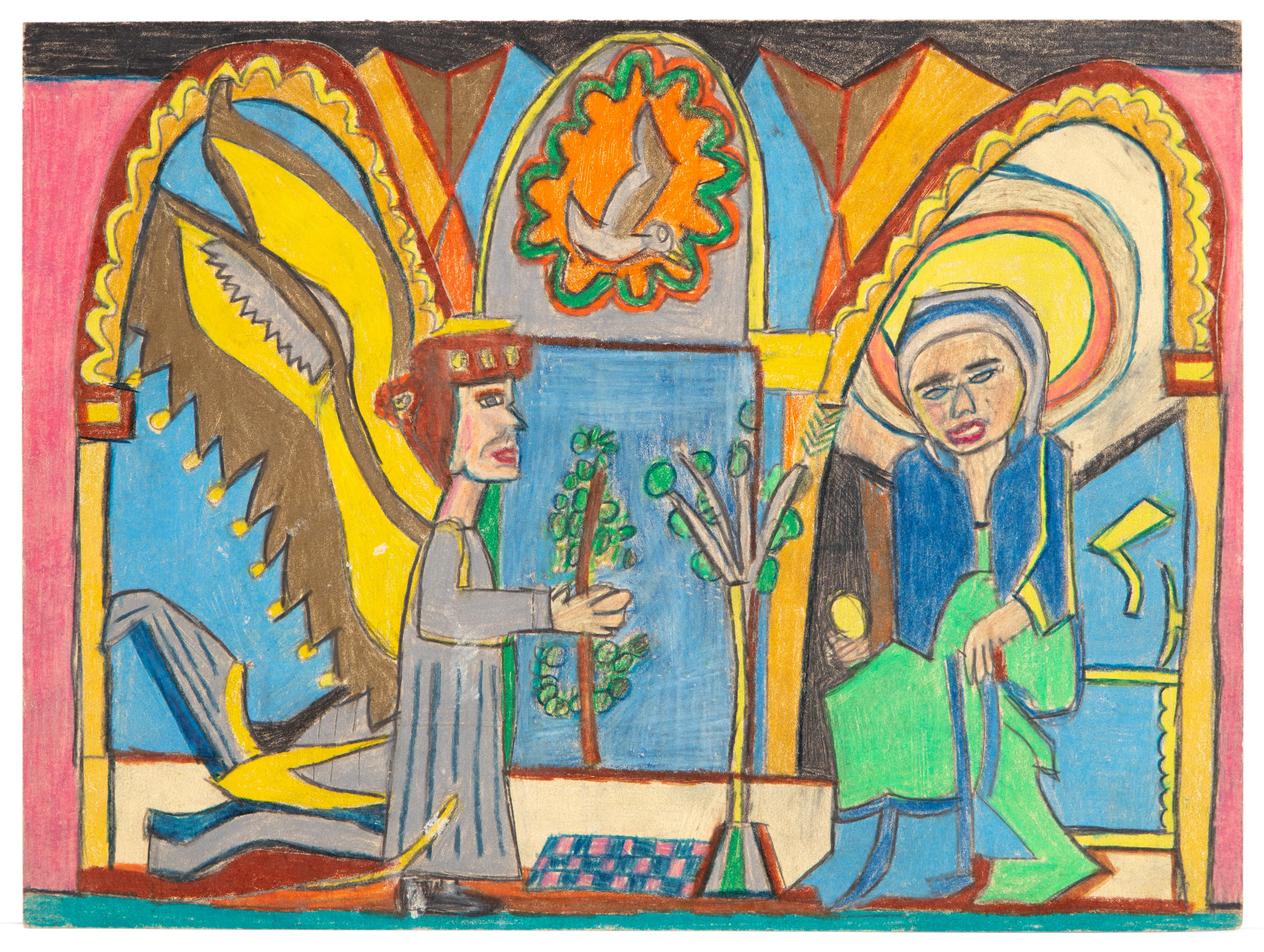 Colored pencil drawing depicting religious scene with angel, robed figures, and architectural arches in vibrant colors