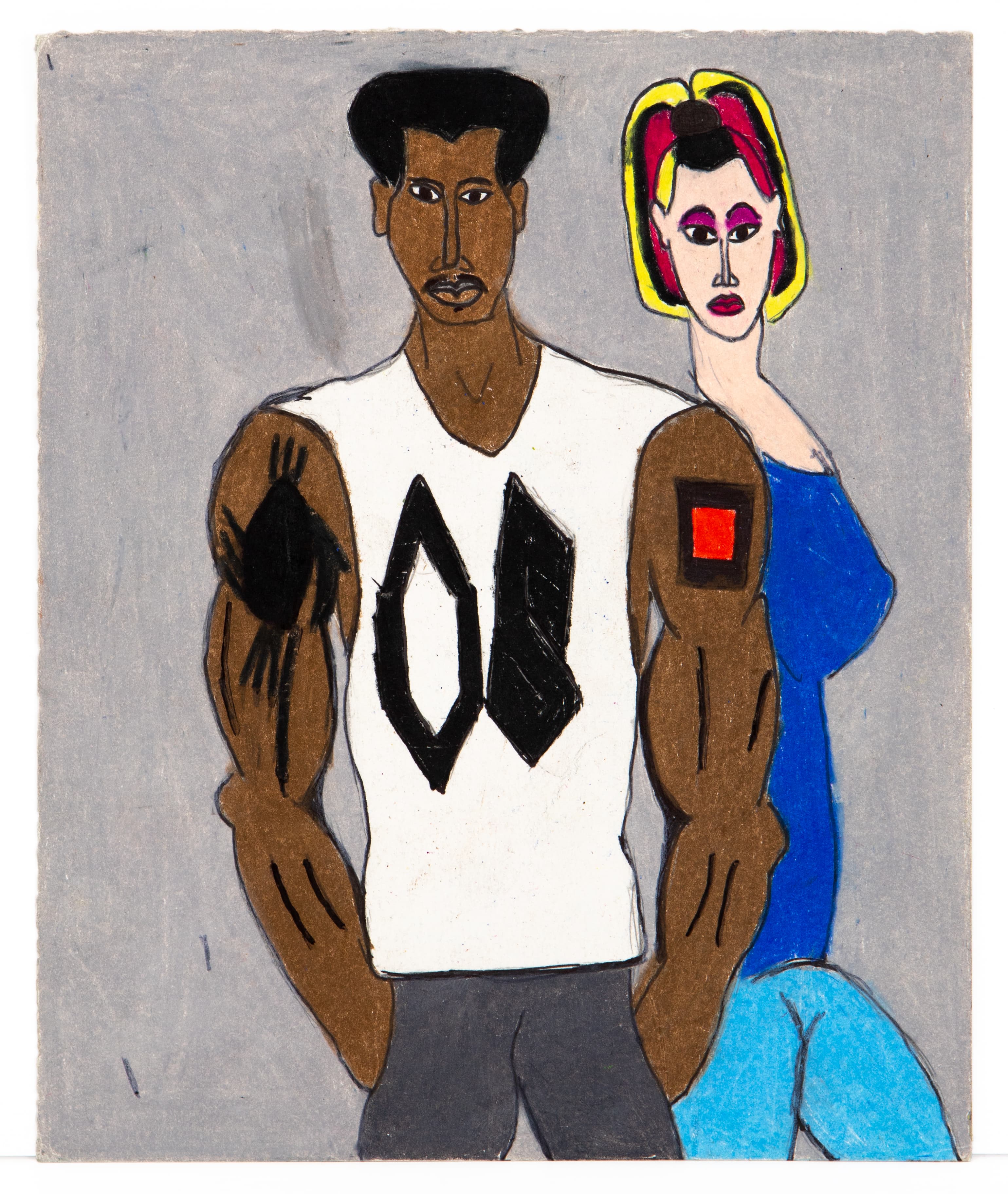 Mixed media drawing of two standing figures - one in white tank top, one in blue dress, on gray background