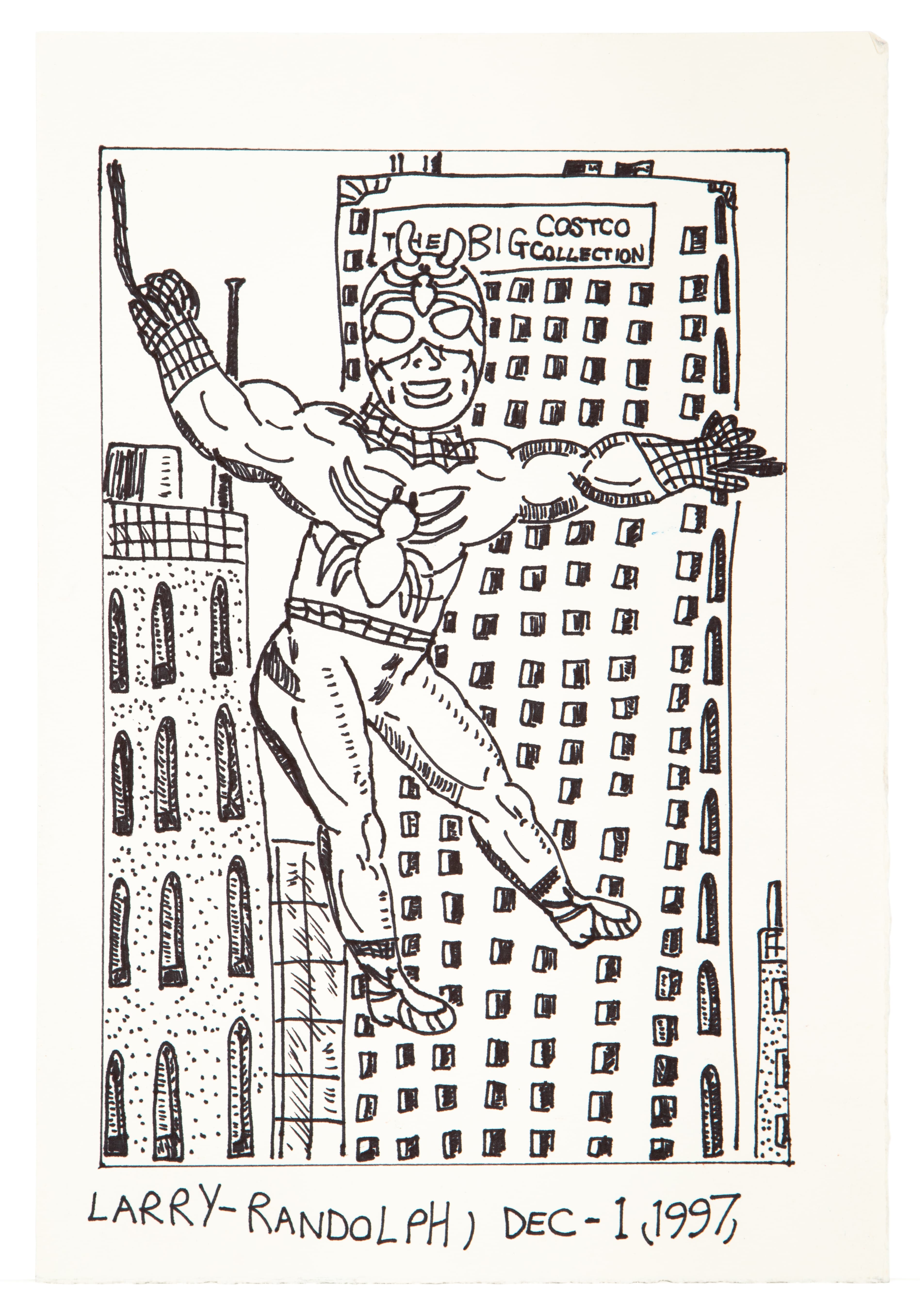 Ink drawing of Spider-Man figure climbing between city buildings, with 'Costco Collection' text visible