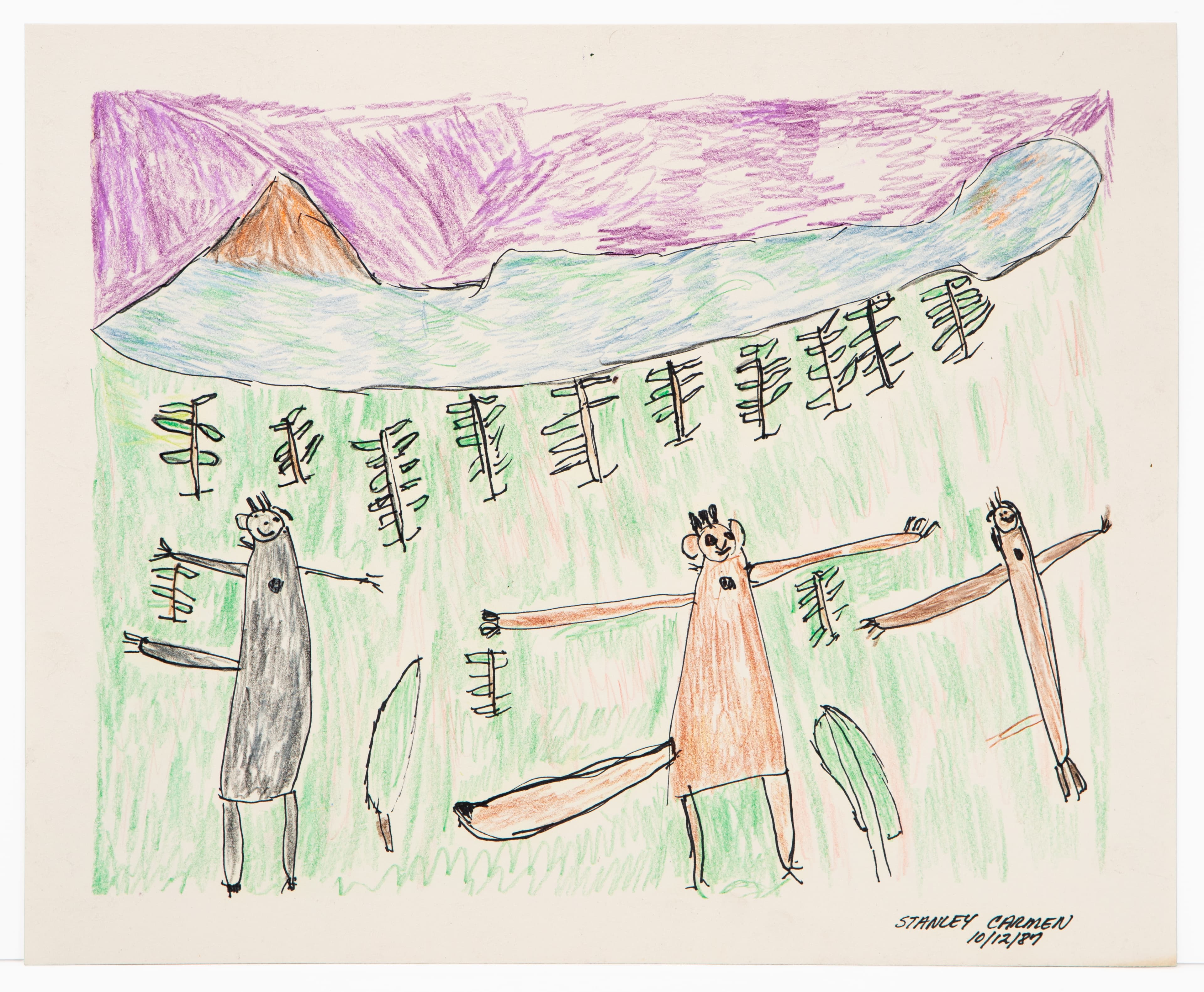 Colored pencil drawing of three stick figures under green canopy with hanging plants and purple sky background